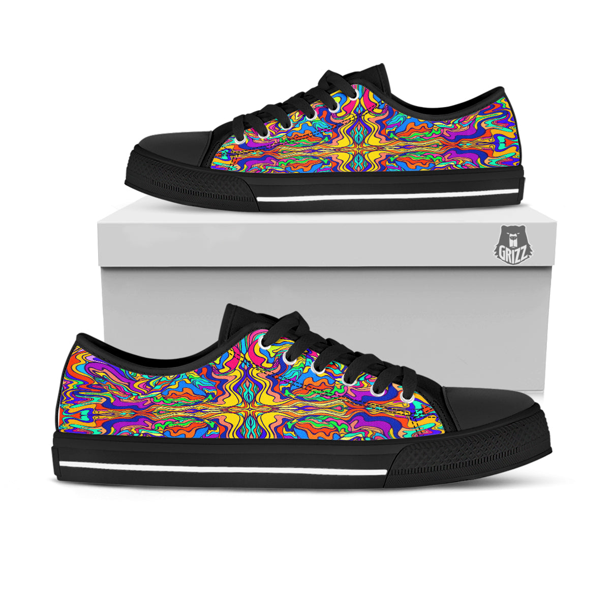 Psychedelic Colorful Fractal Mirror Print Black Low Top Shoes-grizzshop