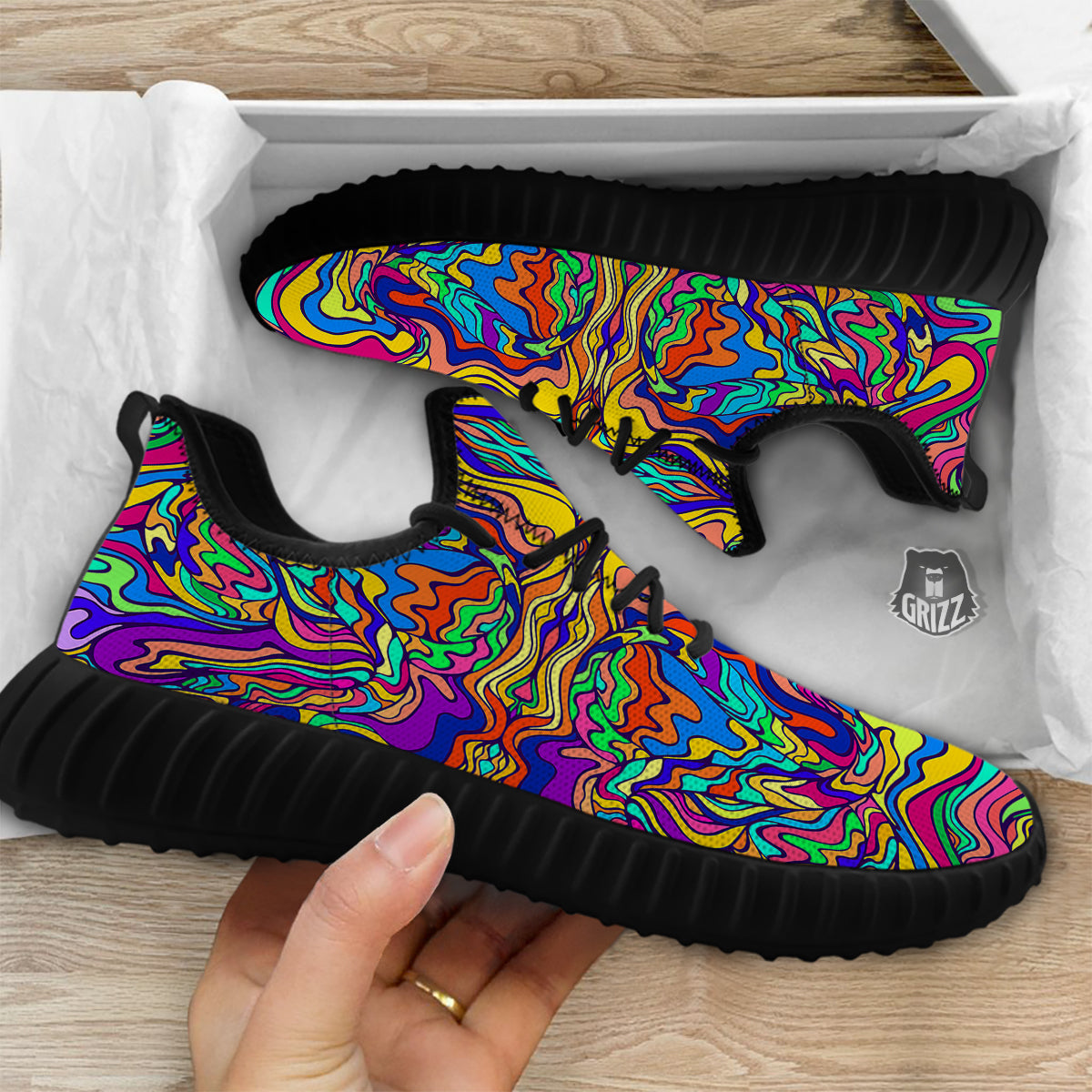 Psychedelic Colorful Fractal Mirror Print Black Walking Shoes-grizzshop