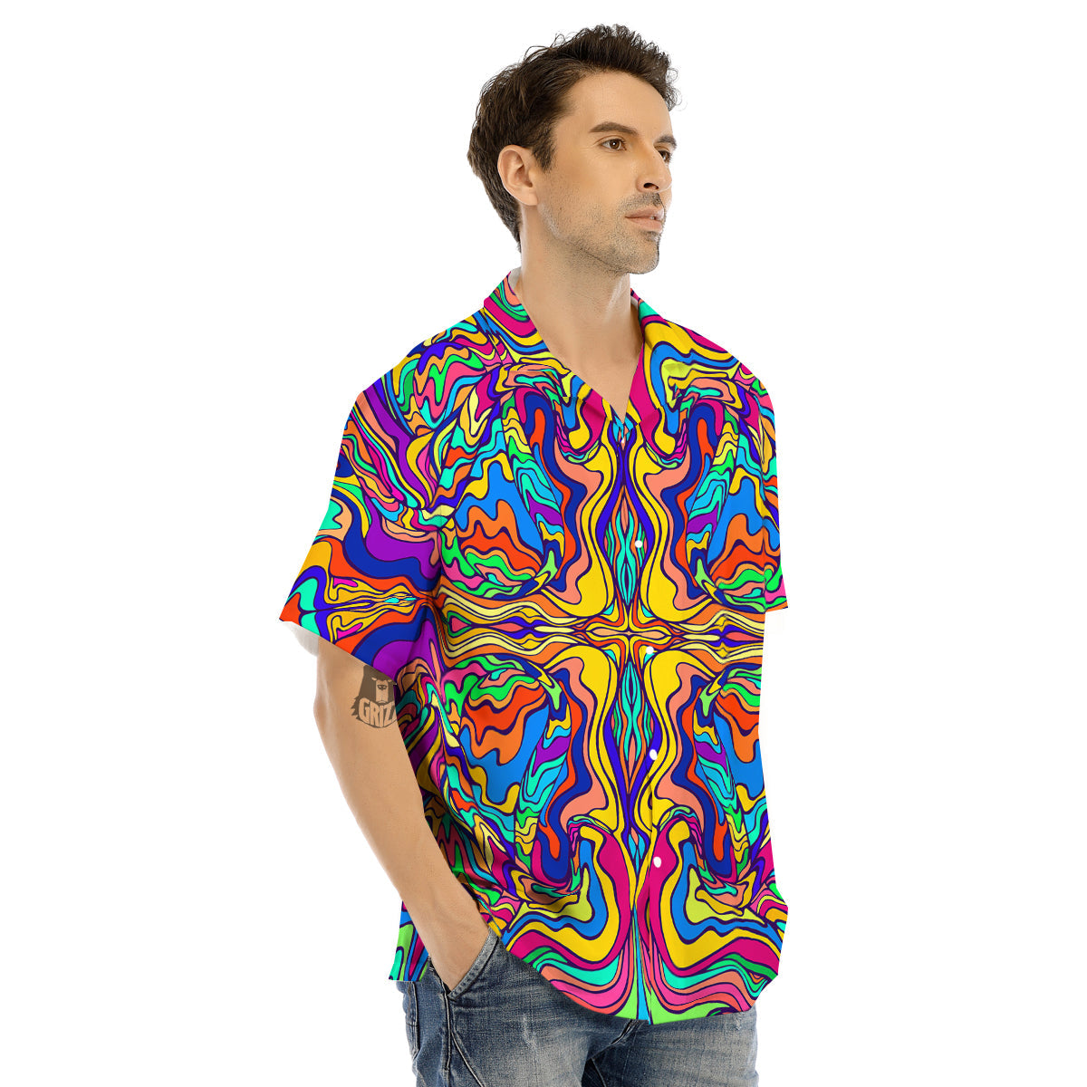 Psychedelic Colorful Fractal Mirror Print Men's Hawaiian Shirt-grizzshop