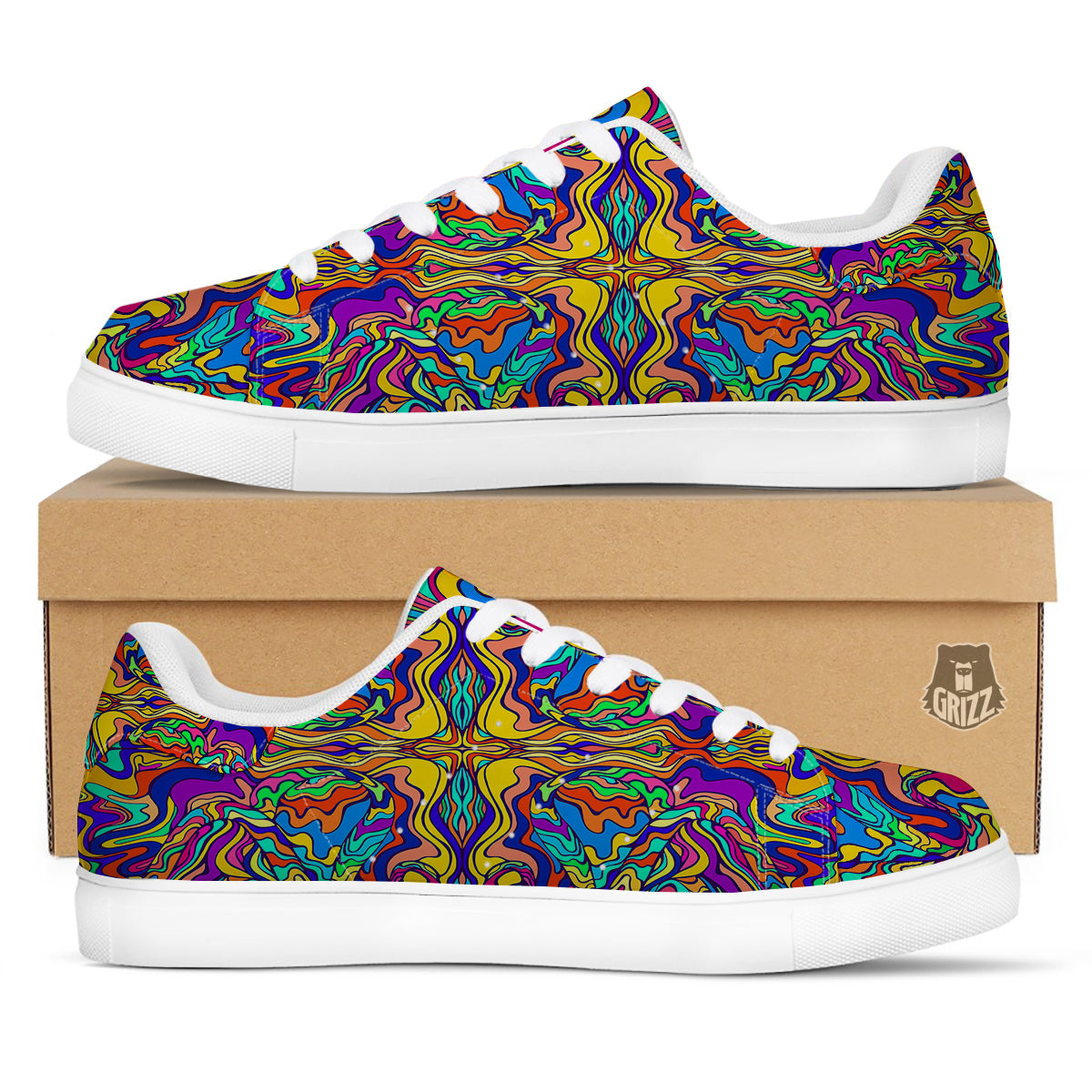 Psychedelic Colorful Fractal Mirror Print White Low Top Sneakers-grizzshop