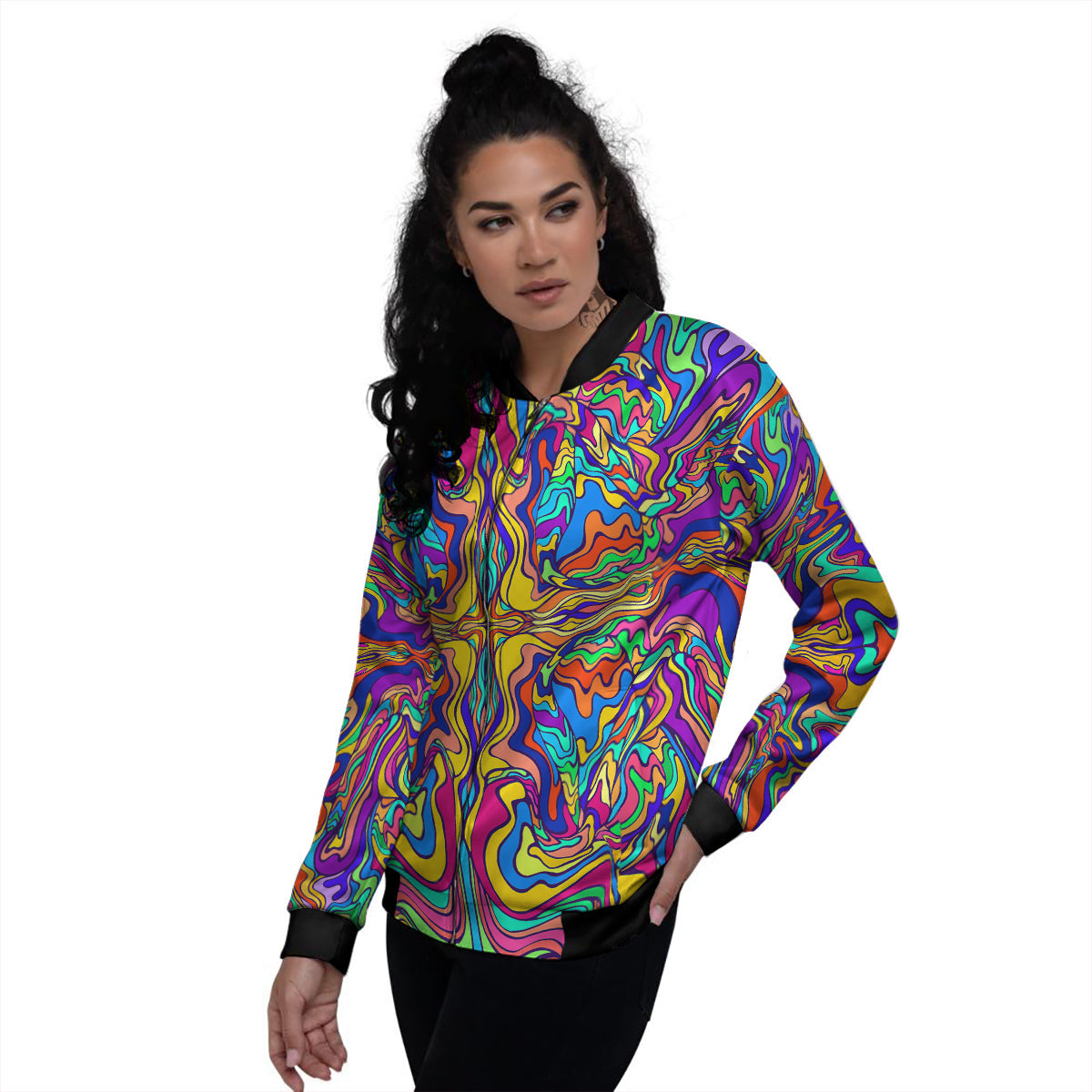 Psychedelic Colorful Fractal Mirror Print Women's Bomber Jacket-grizzshop