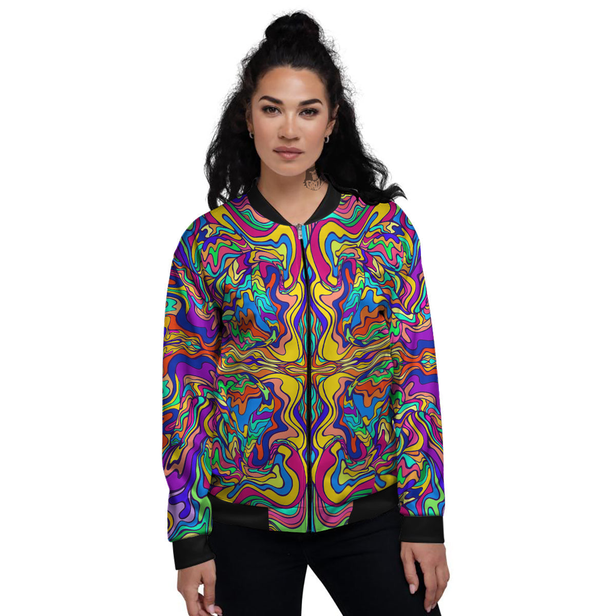 Psychedelic Colorful Fractal Mirror Print Women's Bomber Jacket-grizzshop
