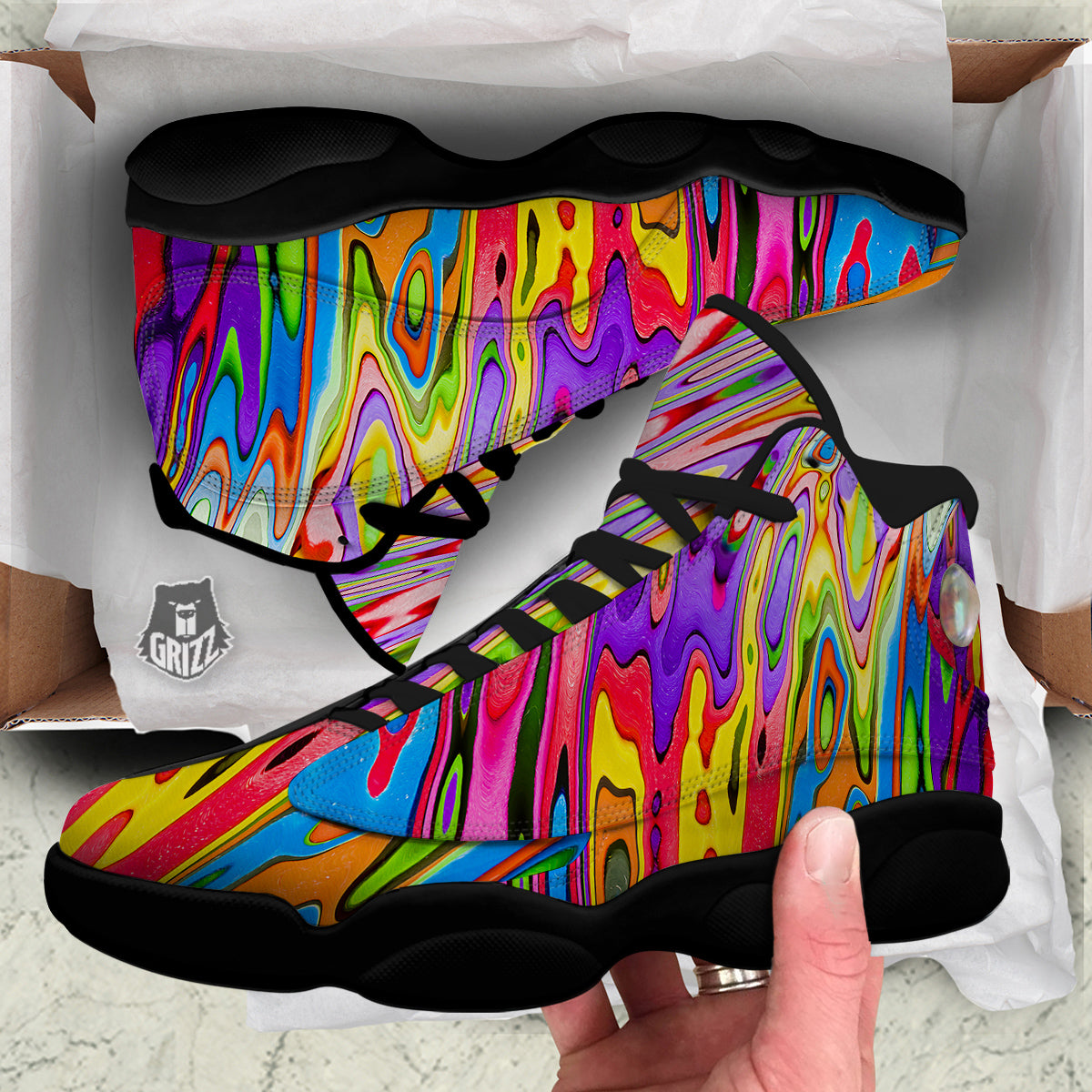 Psychedelic Colorful Print Black Basketball Shoes-grizzshop