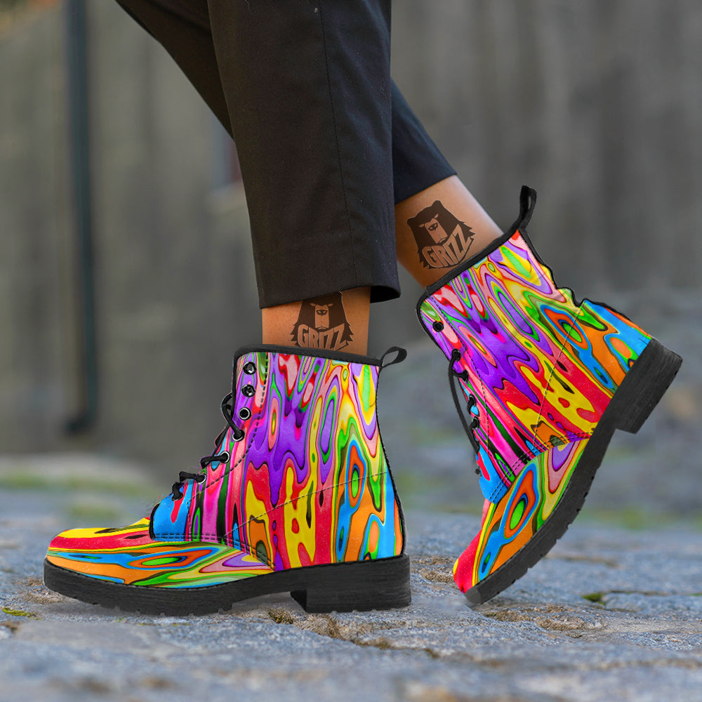 Psychedelic Colorful Print Leather Boots-grizzshop