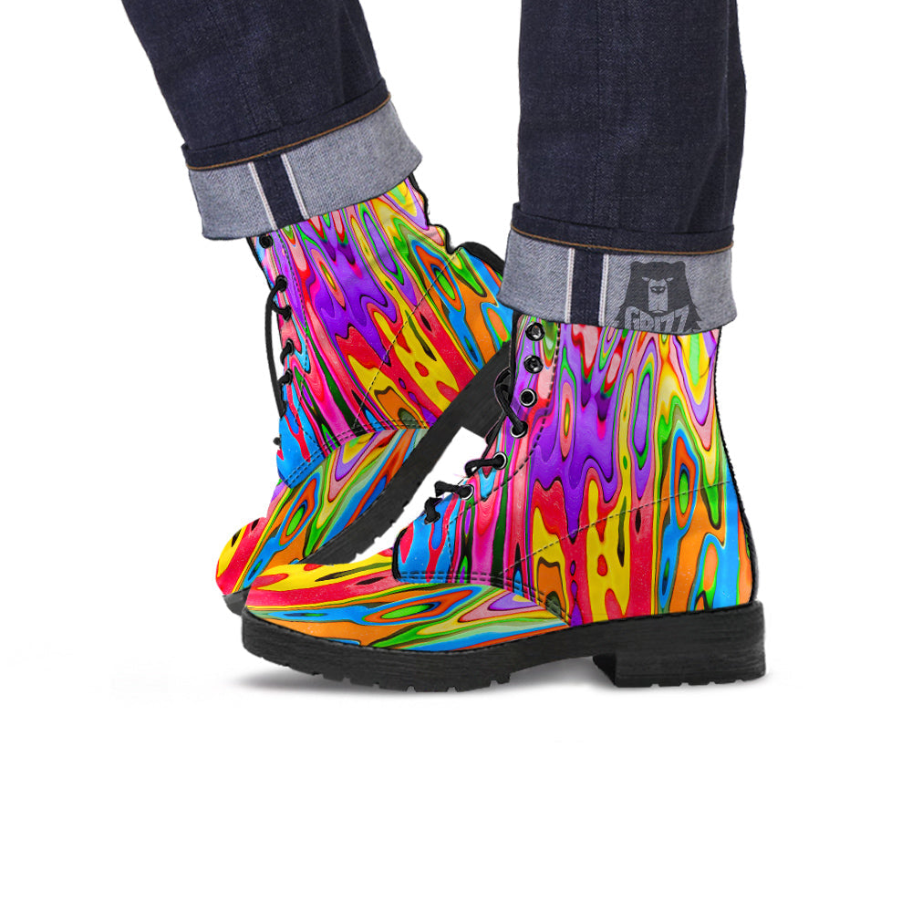 Psychedelic Colorful Print Leather Boots-grizzshop