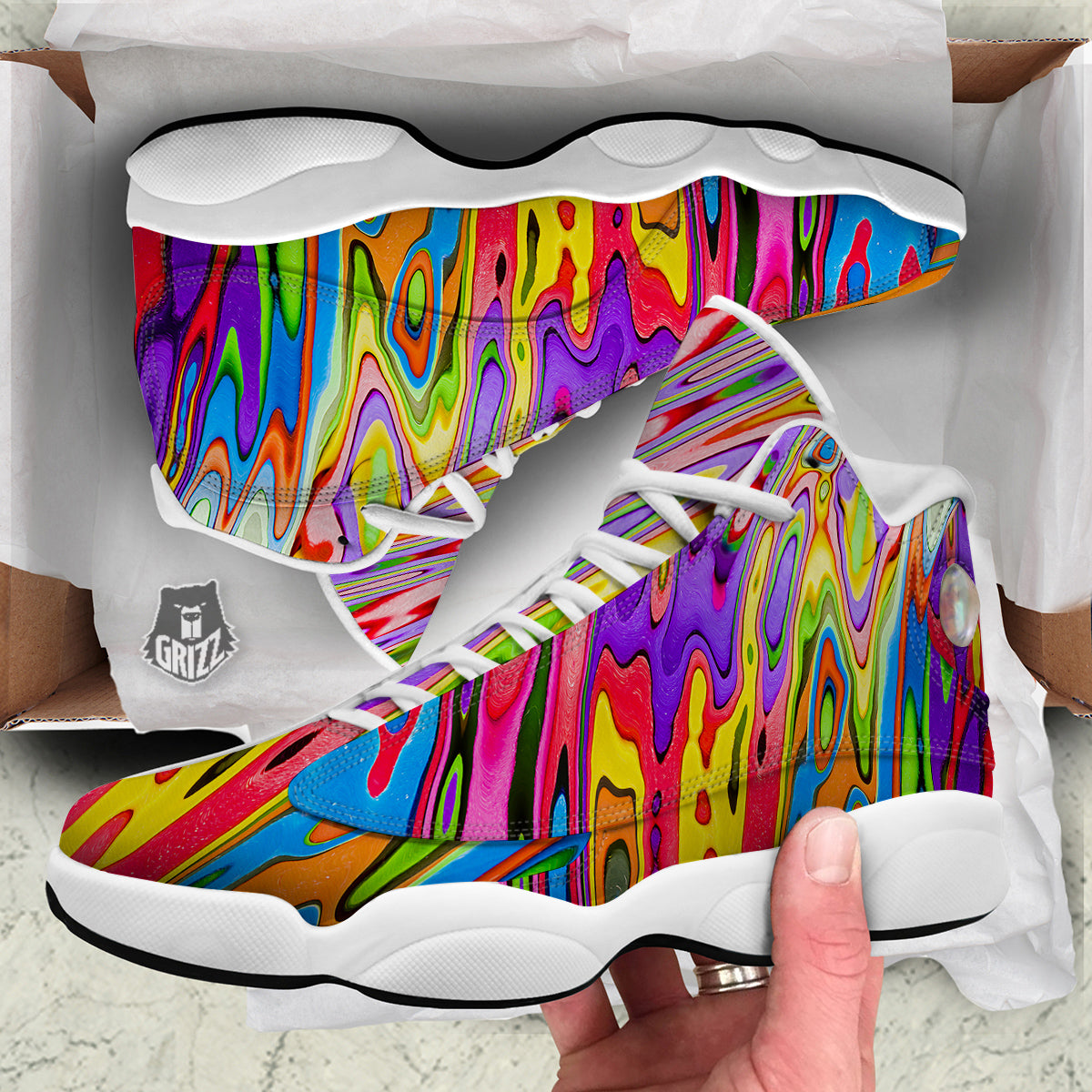 Psychedelic Colorful Print White Basketball Shoes-grizzshop