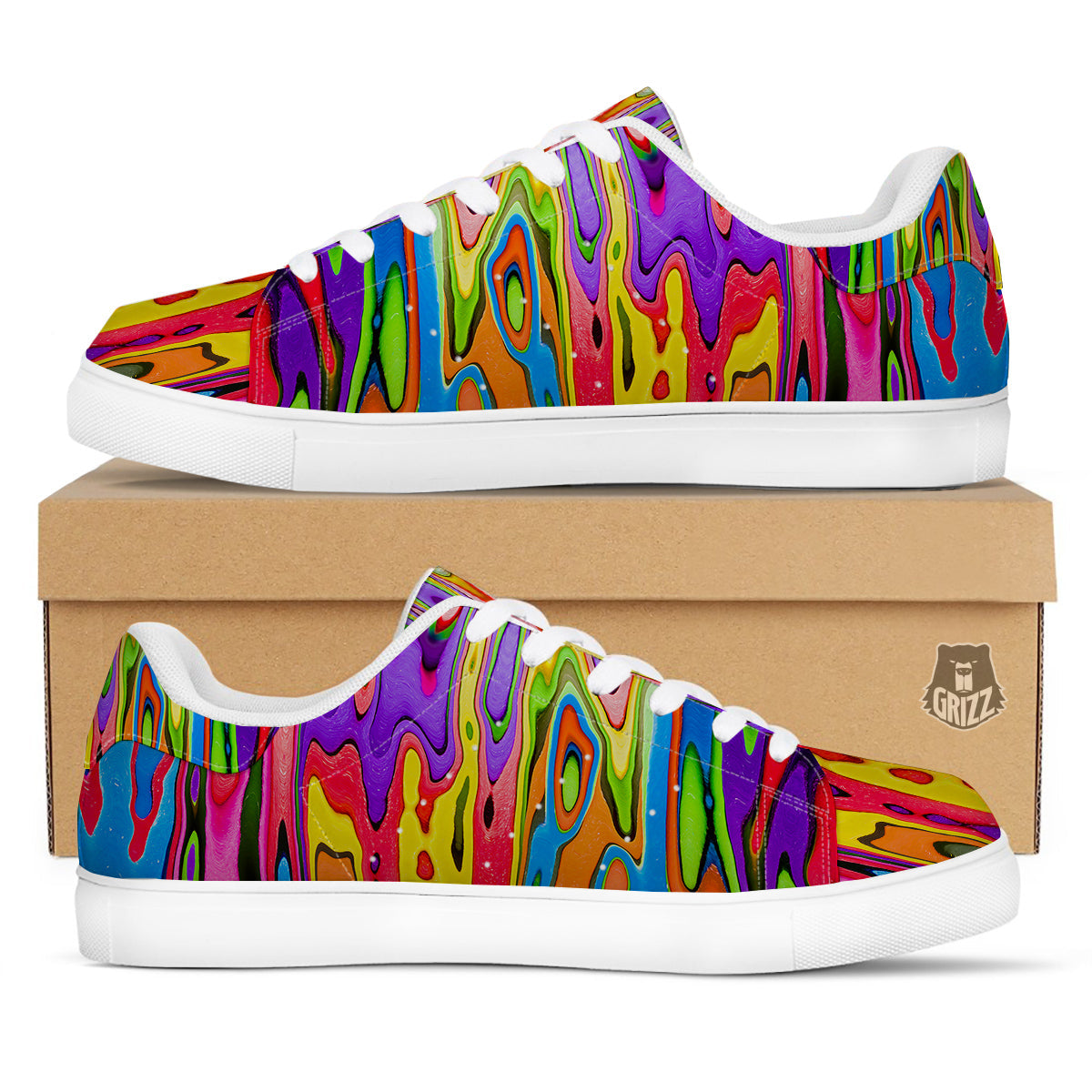 Psychedelic Colorful Print White Low Top Sneakers-grizzshop