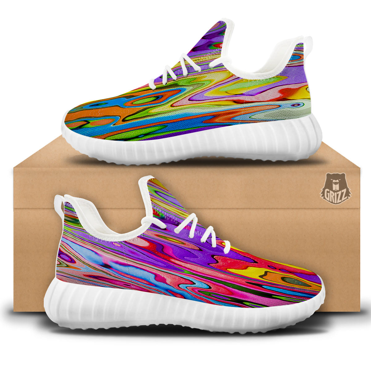 Psychedelic Colorful Print White Walking Shoes-grizzshop