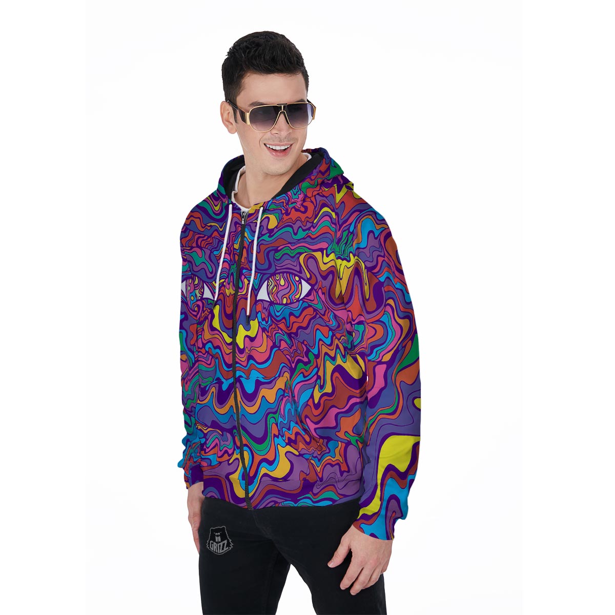 Psychedelic Face Men's Zip Up Hoodie-grizzshop
