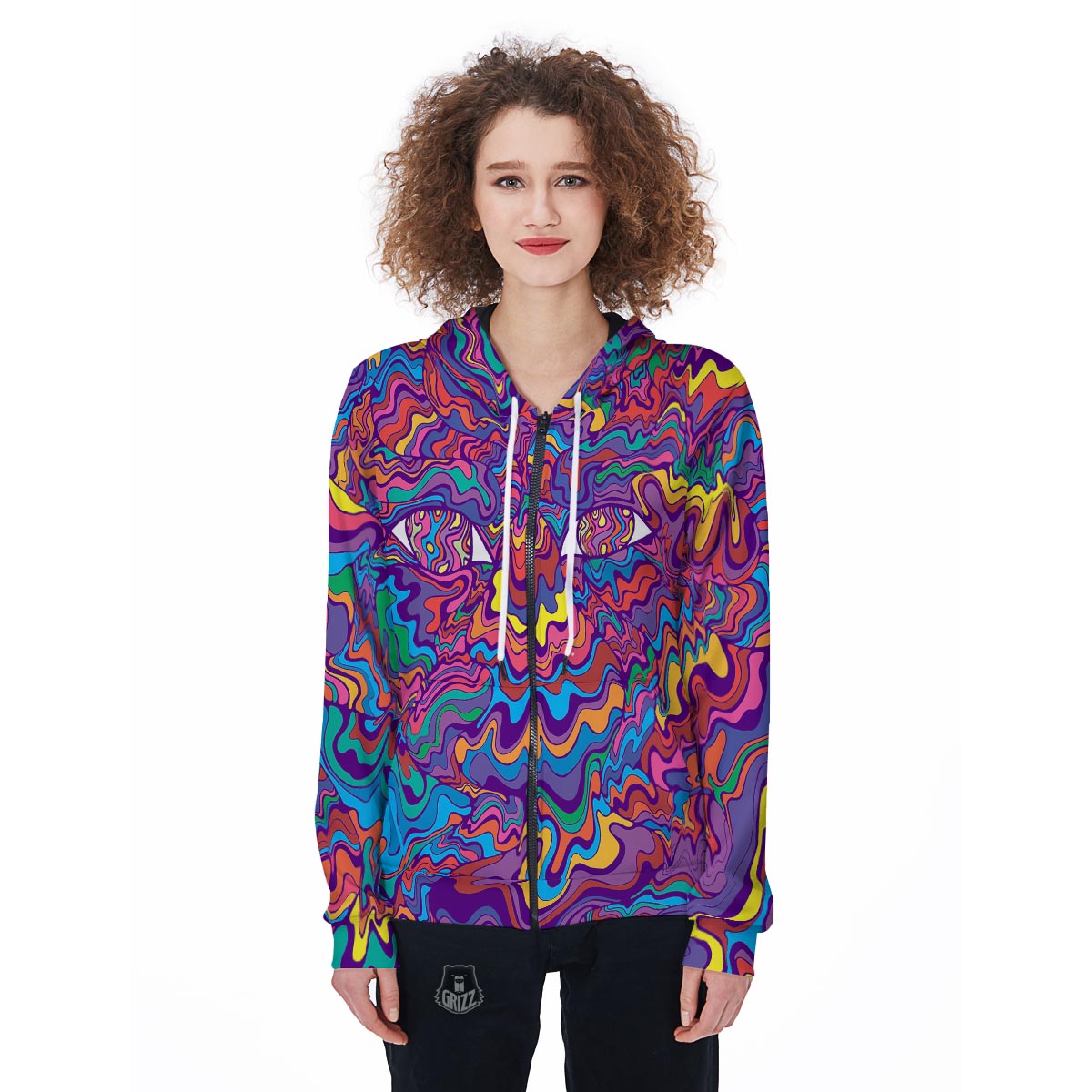 Psychedelic Face Women's Zip Up Hoodie-grizzshop