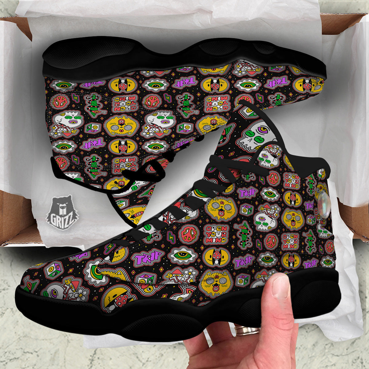 Psychedelic Funny Crazy Colorful Print Pattern Black Basketball Shoes-grizzshop