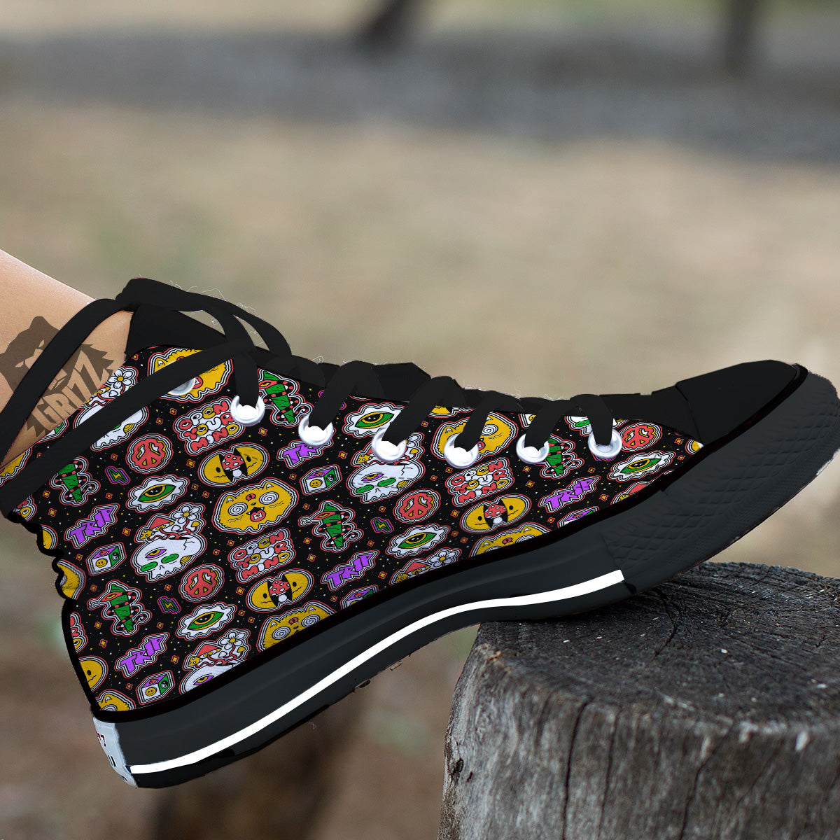 Psychedelic Funny Crazy Colorful Print Pattern Black High Top Shoes-grizzshop