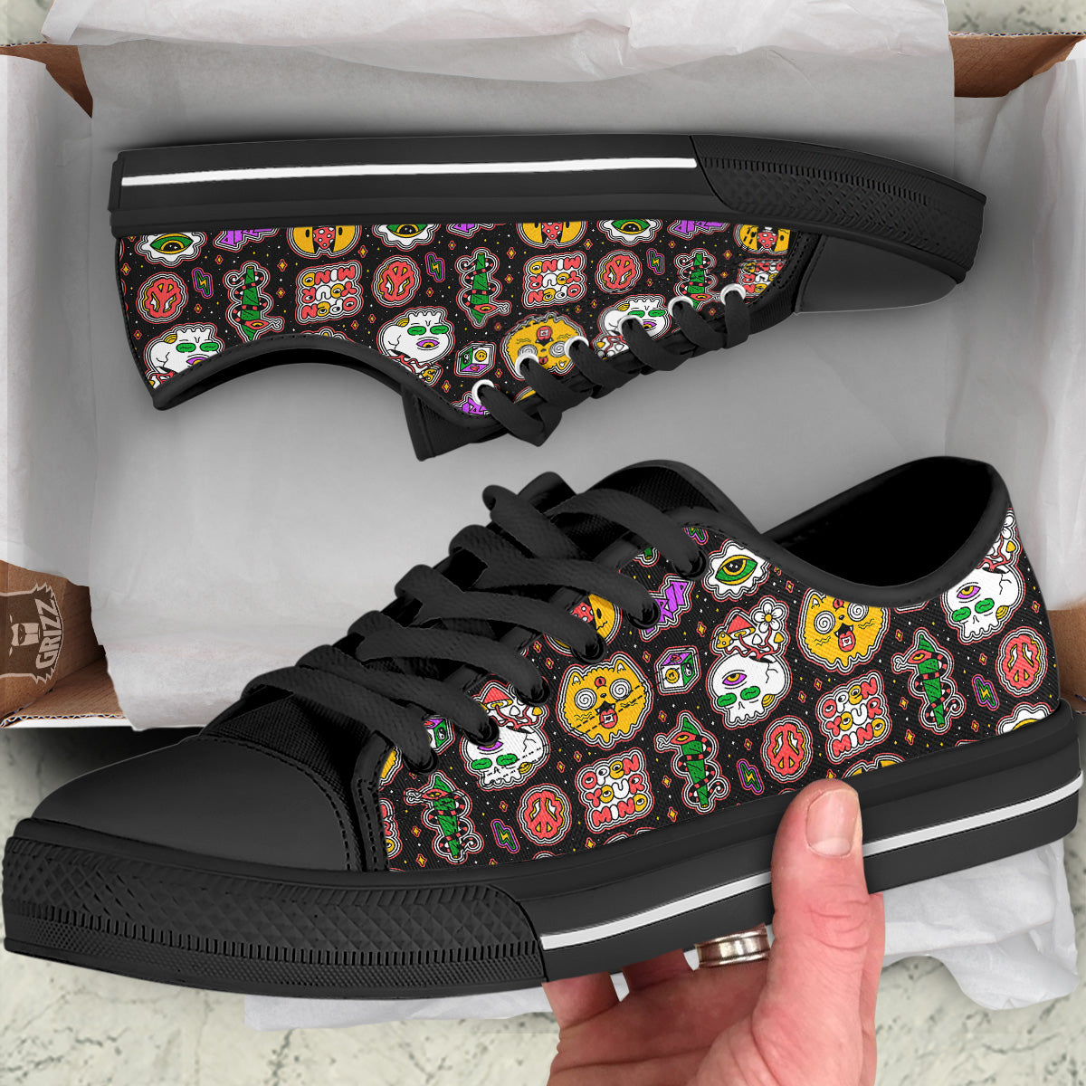 Psychedelic Funny Crazy Colorful Print Pattern Black Low Top Shoes-grizzshop