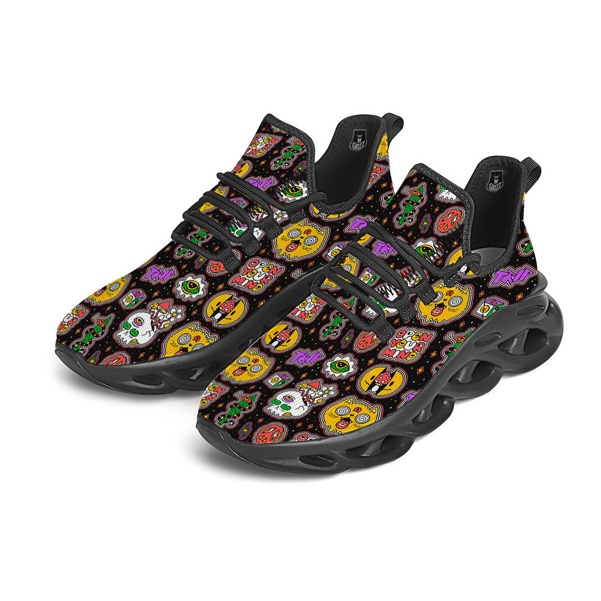 Psychedelic Funny Crazy Colorful Print Pattern Black Running Shoes-grizzshop