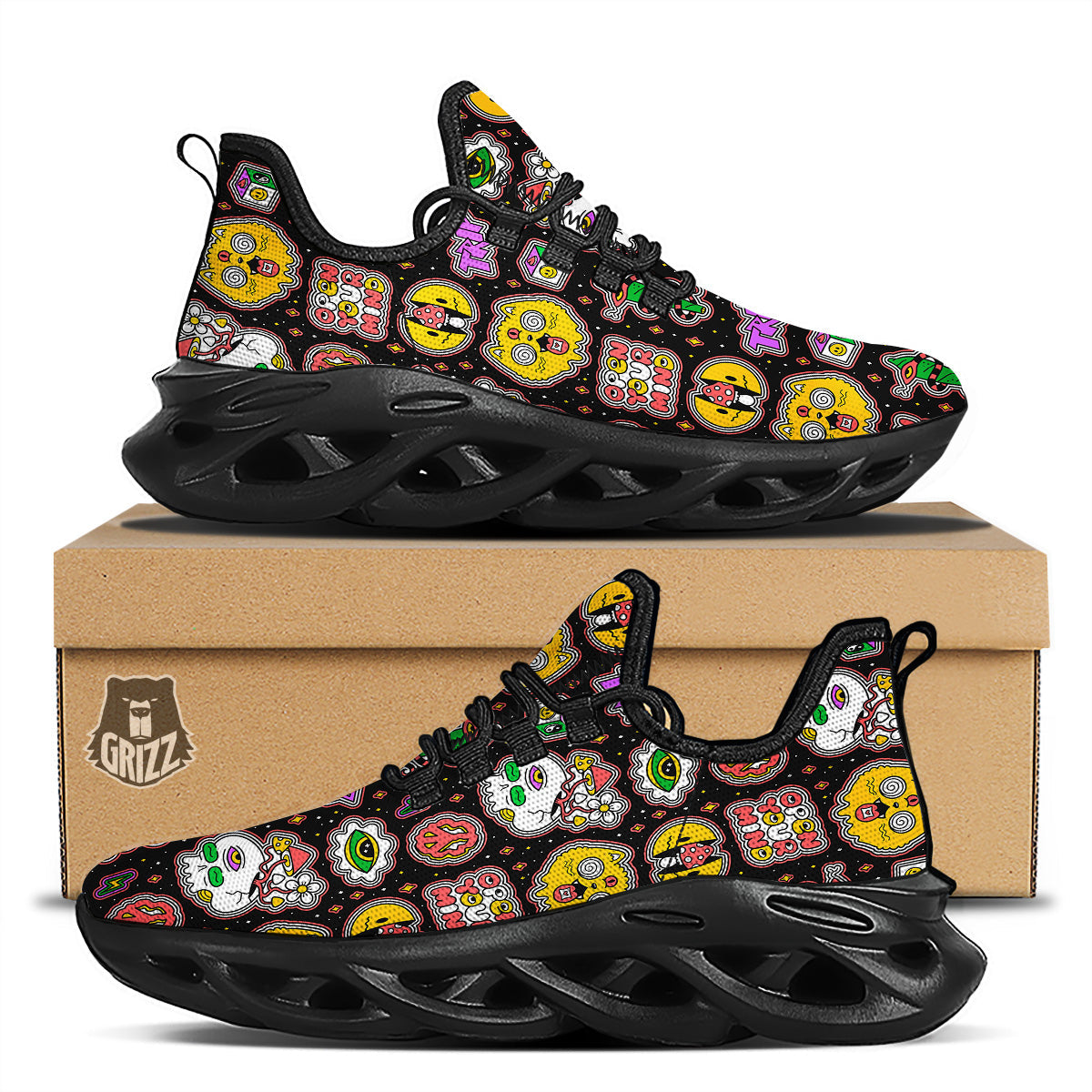 Psychedelic Funny Crazy Colorful Print Pattern Black Running Shoes-grizzshop