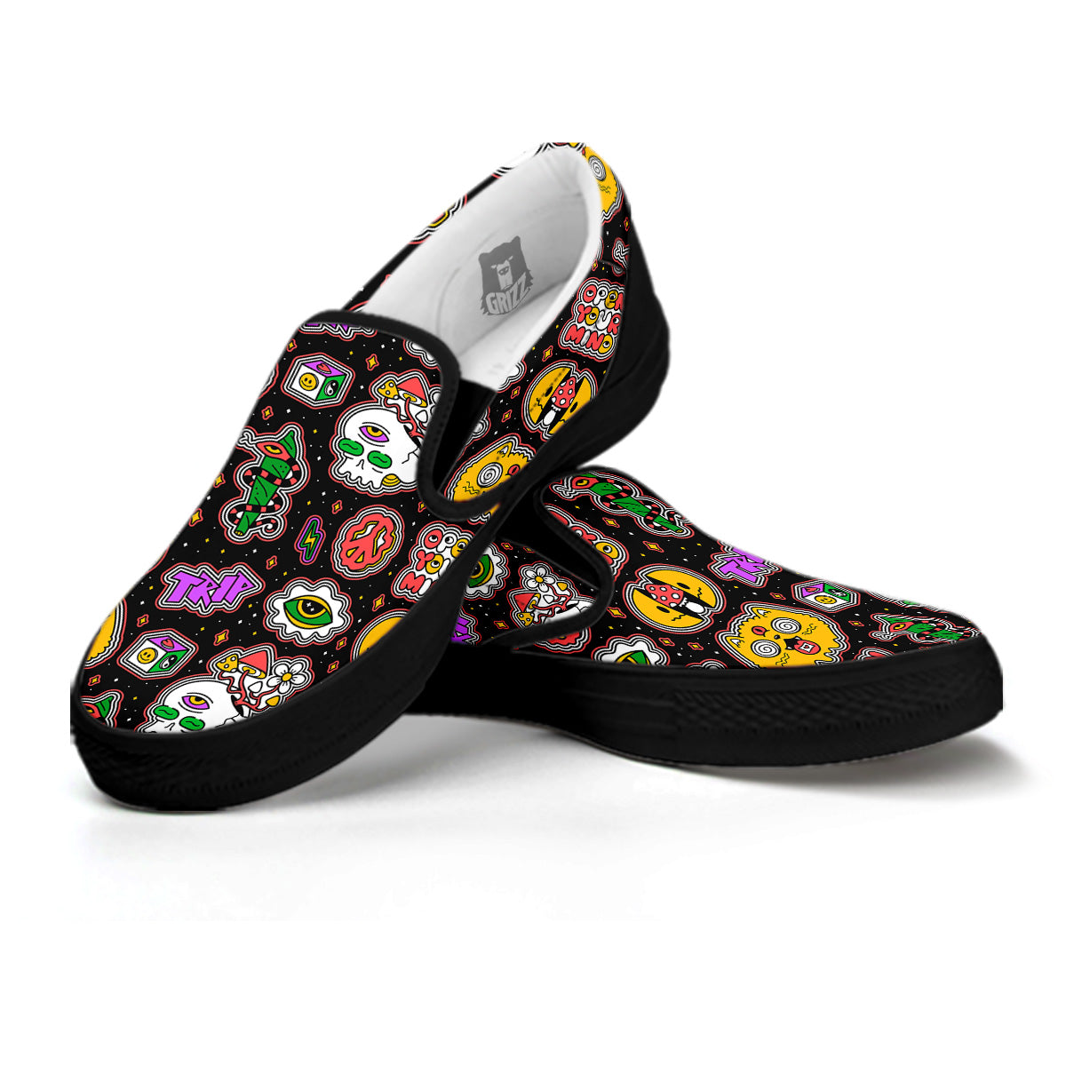 Psychedelic Funny Crazy Colorful Print Pattern Black Slip On Shoes-grizzshop