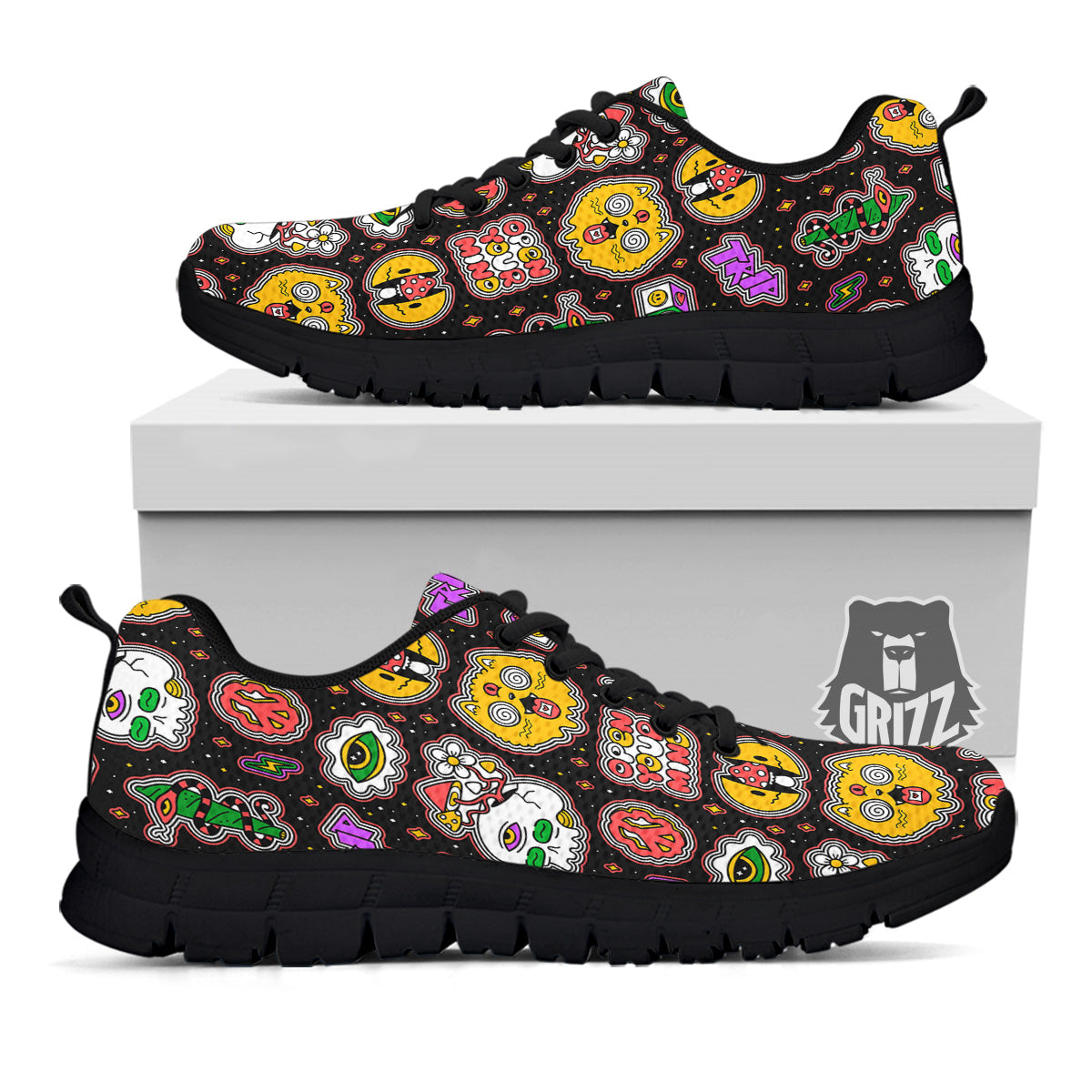 Psychedelic Funny Crazy Colorful Print Pattern Black Sneaker-grizzshop