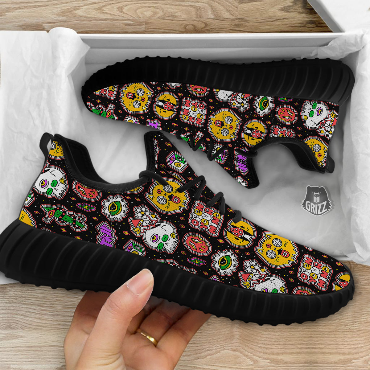 Psychedelic Funny Crazy Colorful Print Pattern Black Walking Shoes-grizzshop