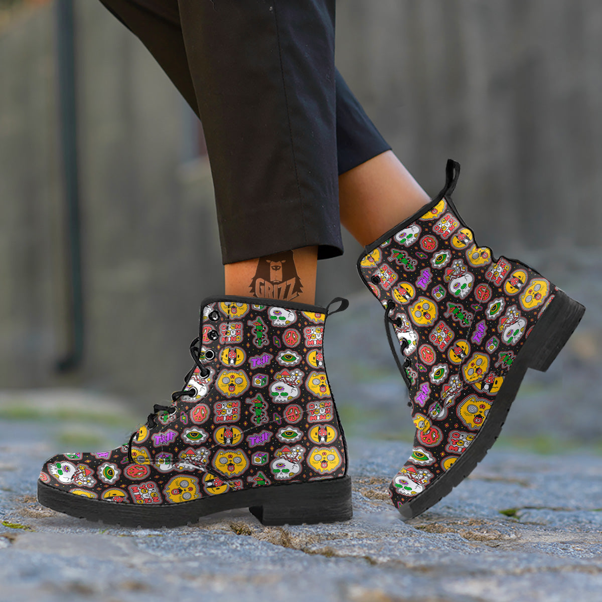 Psychedelic Funny Crazy Colorful Print Pattern Leather Boots-grizzshop
