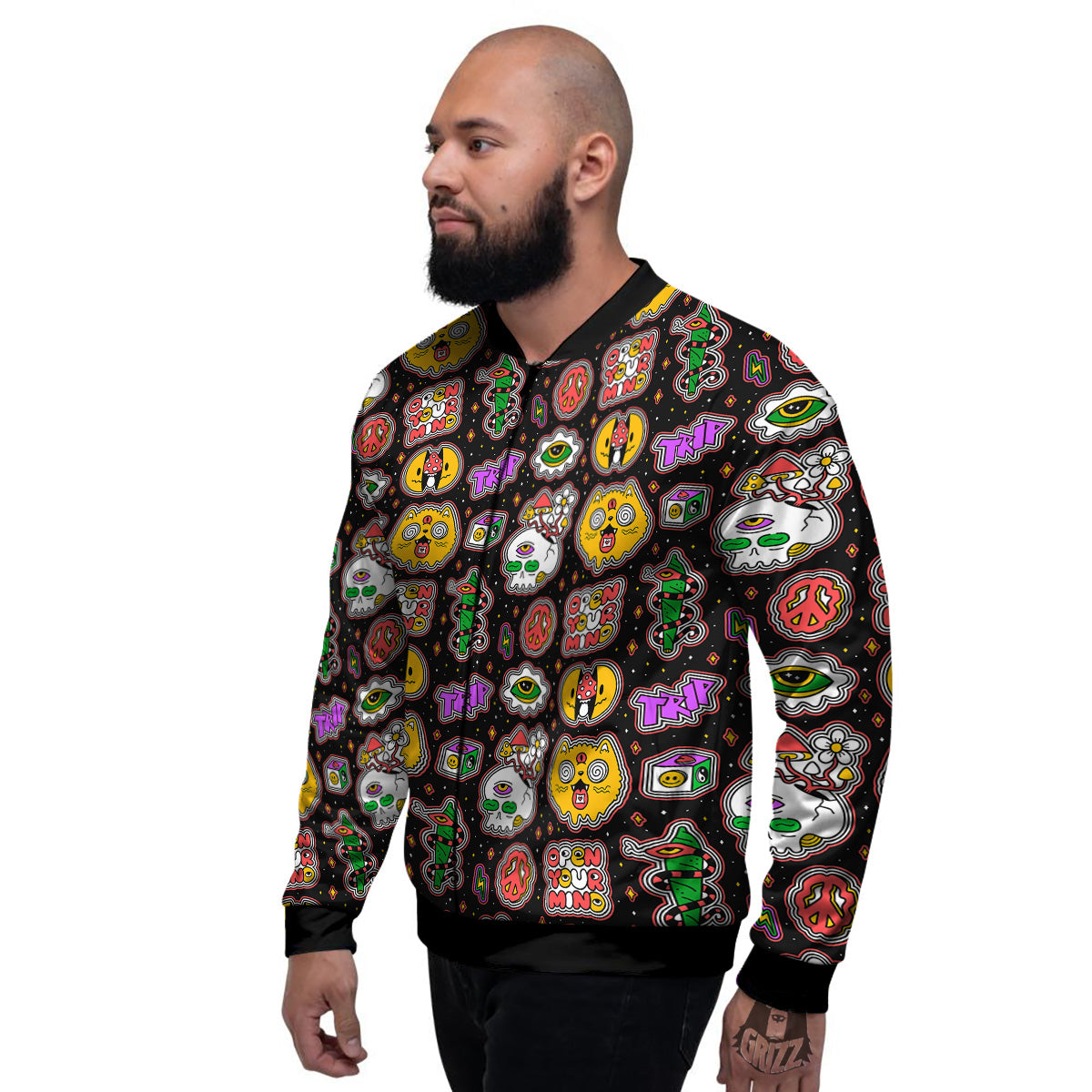 Psychedelic Funny Crazy Colorful Print Pattern Men's Bomber Jacket-grizzshop