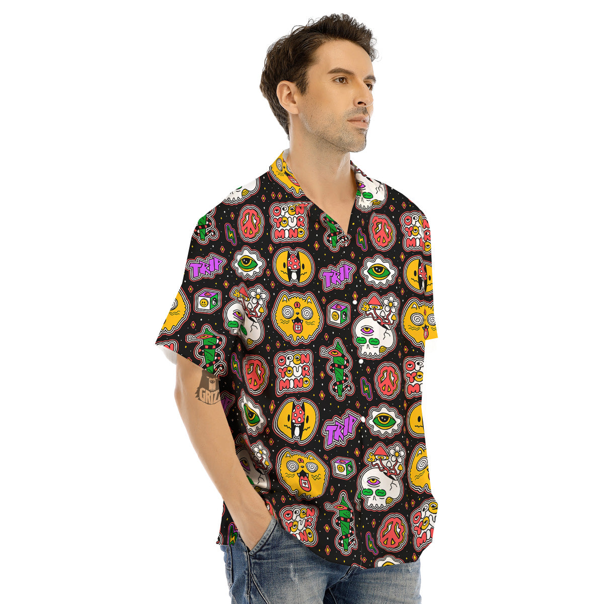 Psychedelic Funny Crazy Colorful Print Pattern Men's Hawaiian Shirt-grizzshop