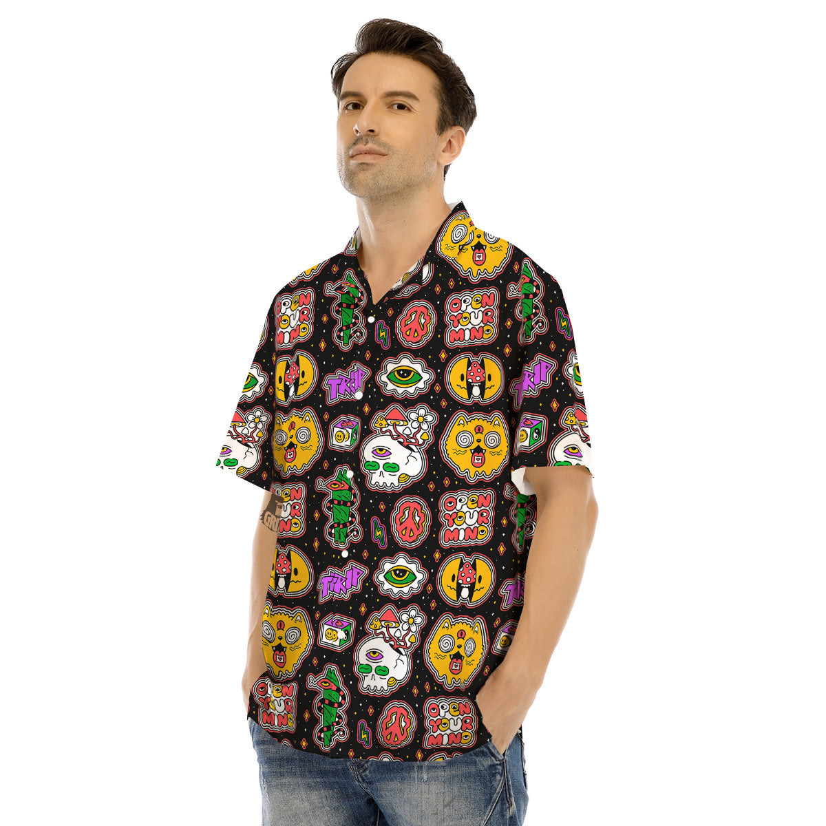 Psychedelic Funny Crazy Colorful Print Pattern Men's Hawaiian Shirt-grizzshop