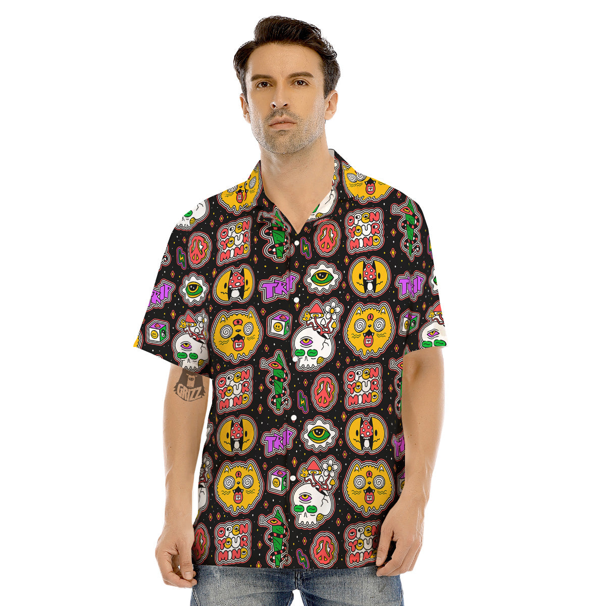 Psychedelic Funny Crazy Colorful Print Pattern Men's Hawaiian Shirt-grizzshop