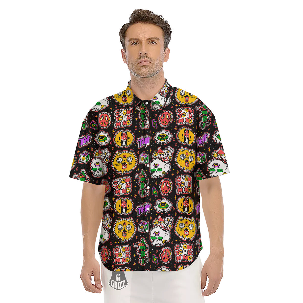 Psychedelic Funny Crazy Colorful Print Pattern Men's Short Sleeve Shirts-grizzshop