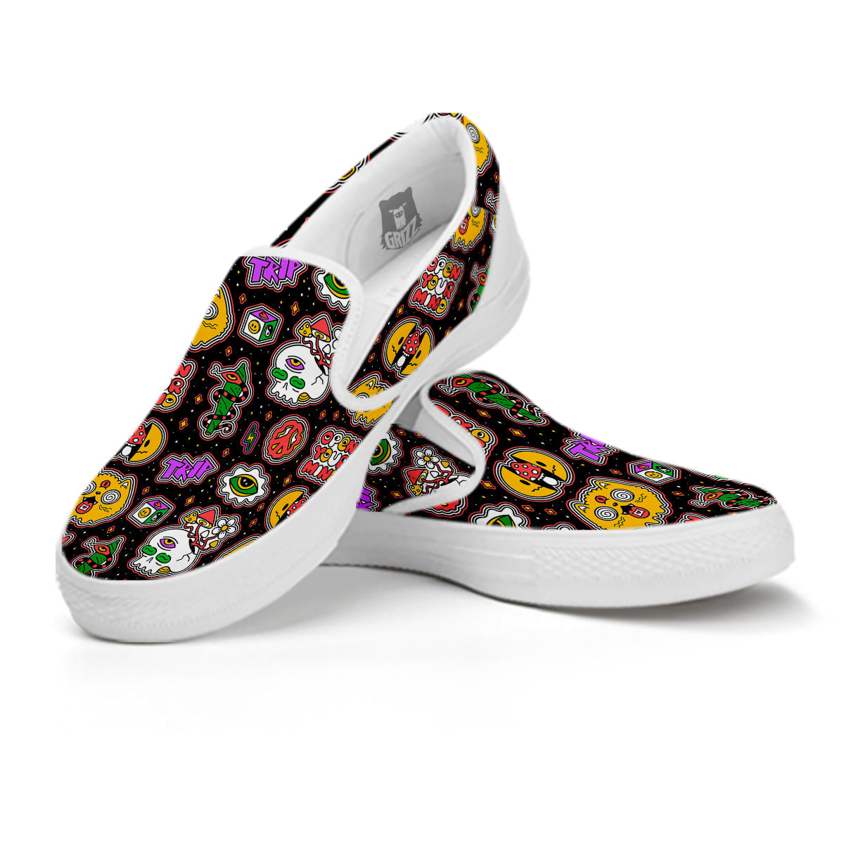 Psychedelic Funny Crazy Colorful Print Pattern White Slip On Shoes-grizzshop