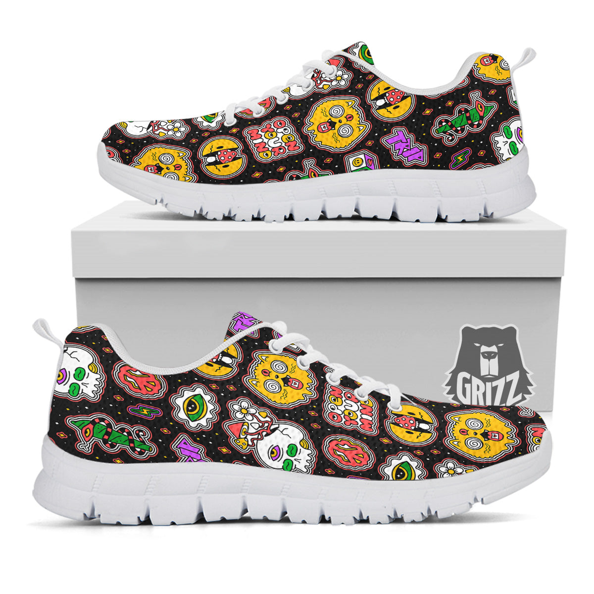 Psychedelic Funny Crazy Colorful Print Pattern White Sneaker-grizzshop
