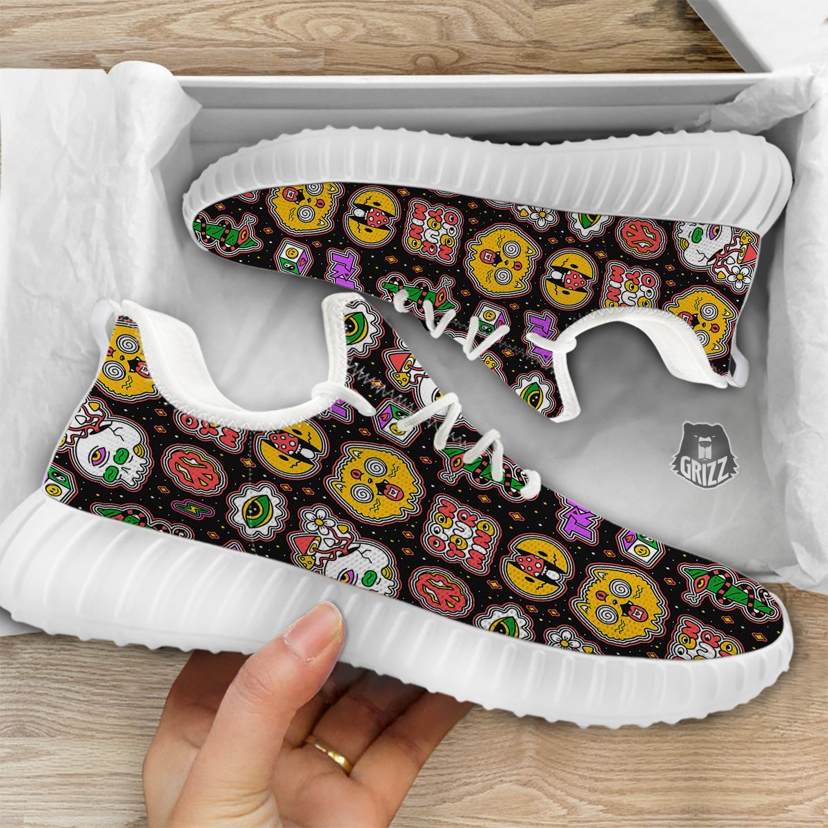 Psychedelic Funny Crazy Colorful Print Pattern White Walking Shoes-grizzshop