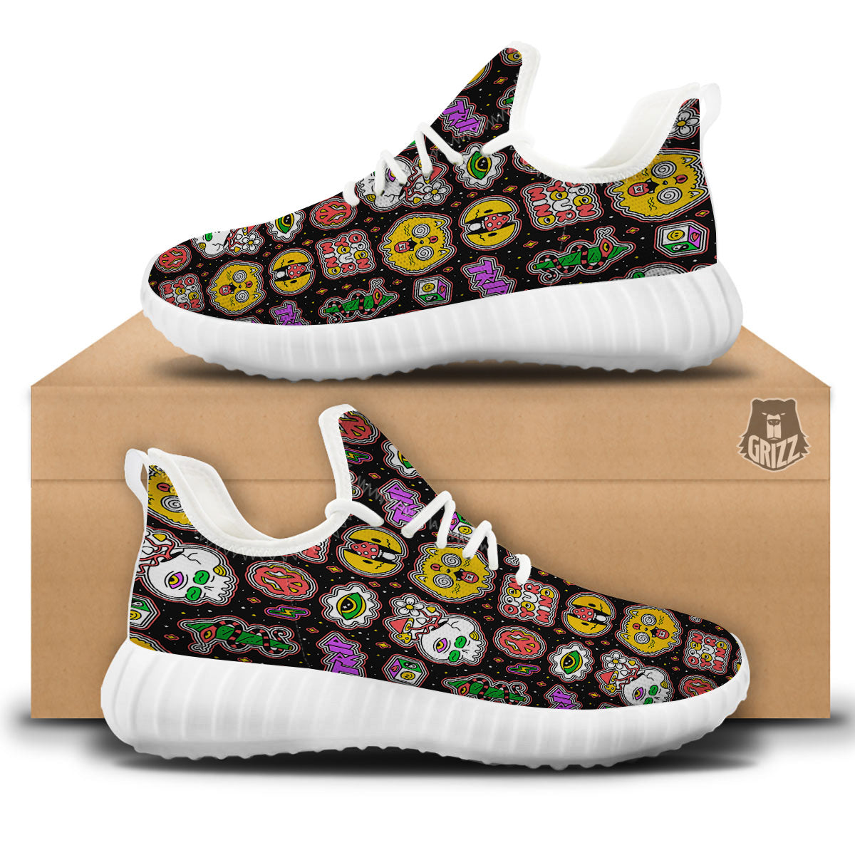 Psychedelic Funny Crazy Colorful Print Pattern White Walking Shoes-grizzshop