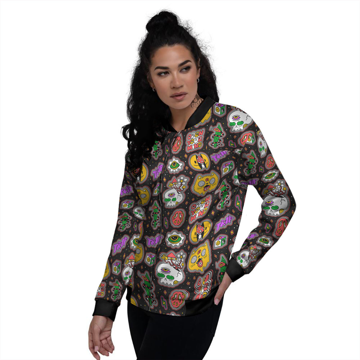 Psychedelic Funny Crazy Colorful Print Pattern Women's Bomber Jacket-grizzshop