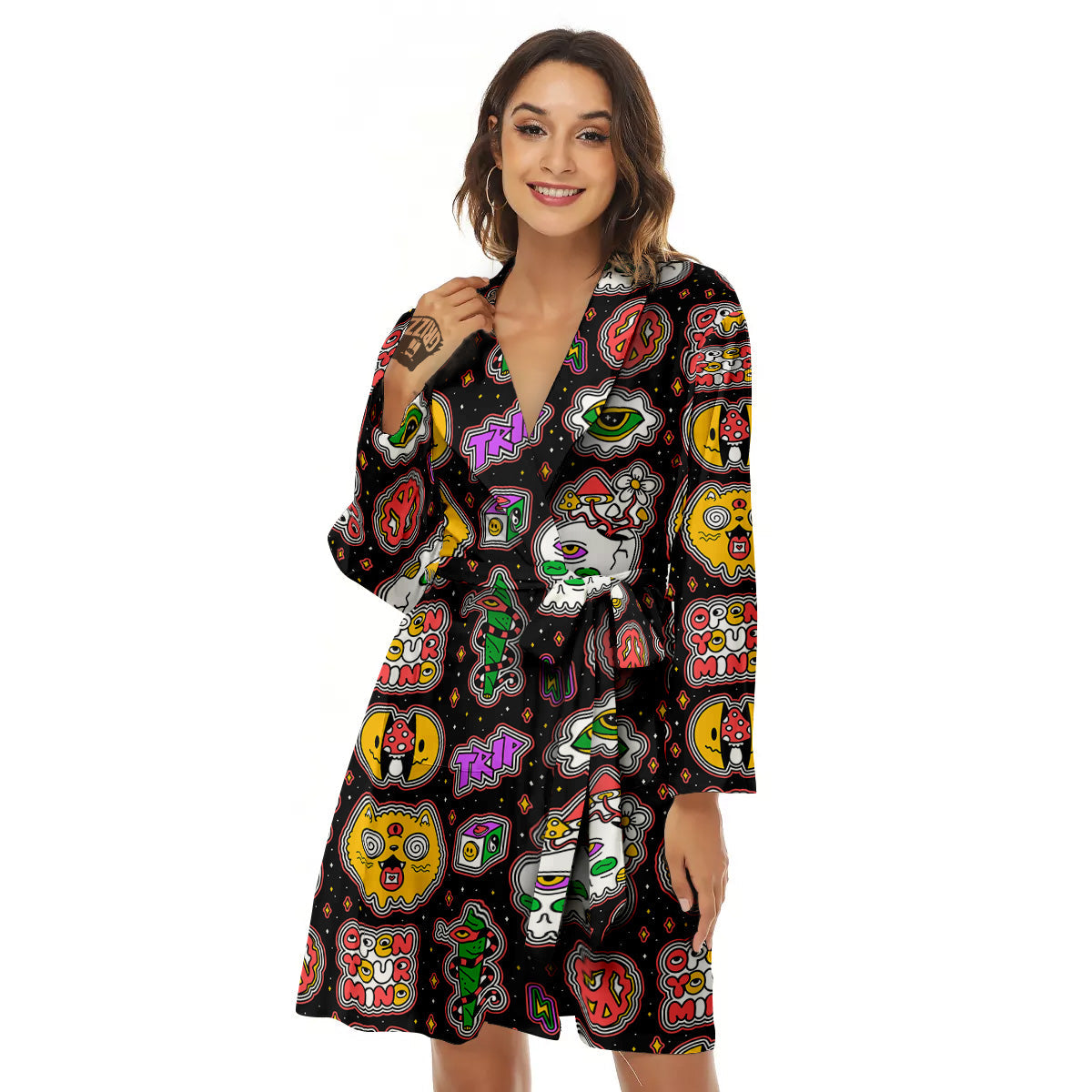 Psychedelic Funny Crazy Colorful Print Pattern Women's Robe-grizzshop
