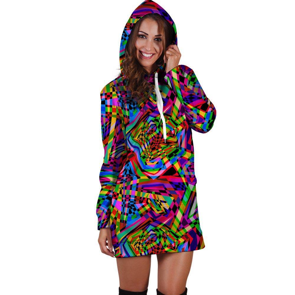 Psychedelic Geometric Multicolor Hoodie Dress-grizzshop