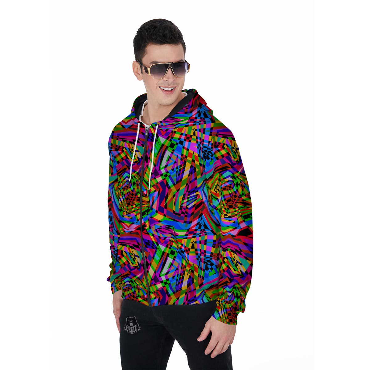 Psychedelic Geometric Multicolor Men's Zip Up Hoodie-grizzshop