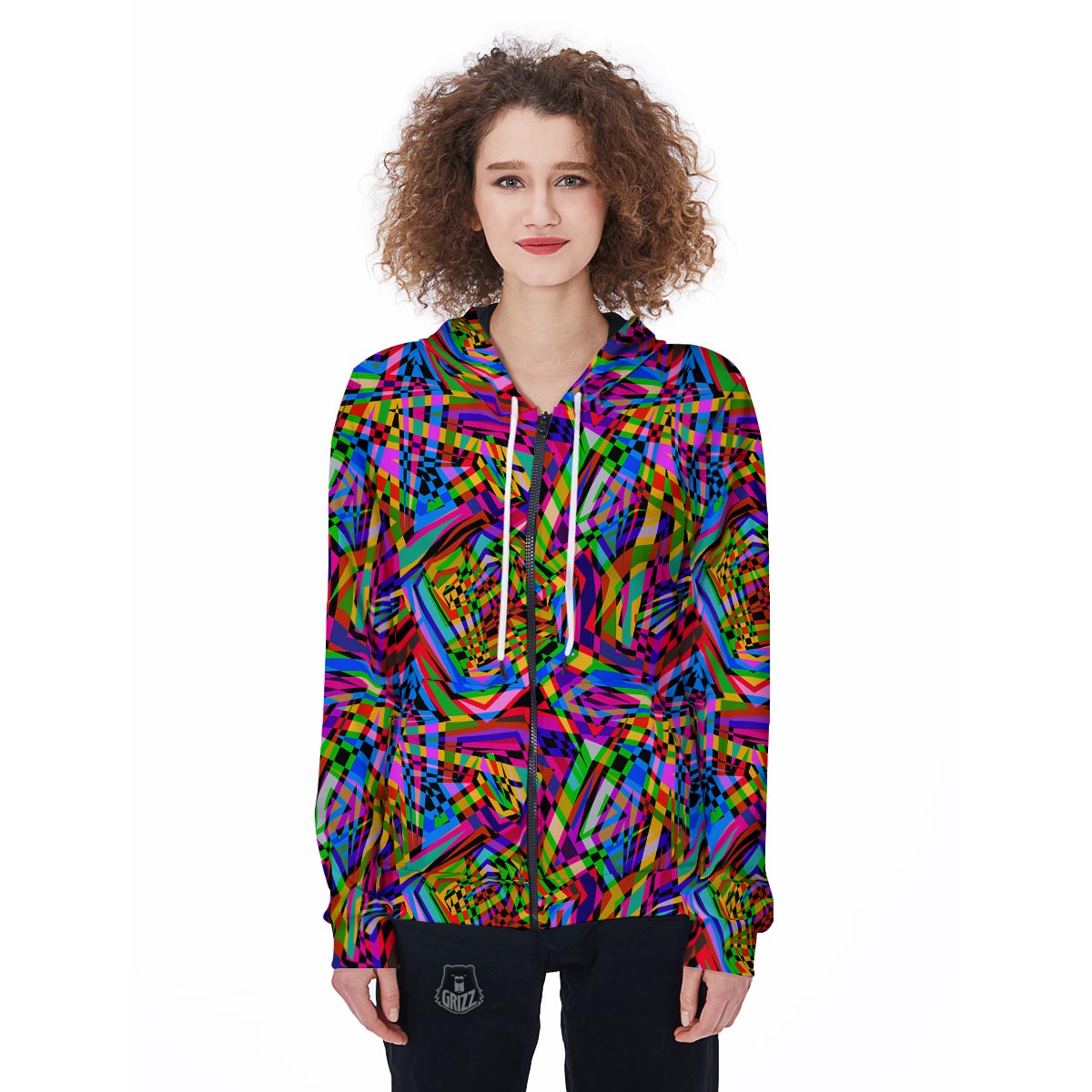 Psychedelic Geometric Multicolor Women's Zip Up Hoodie-grizzshop