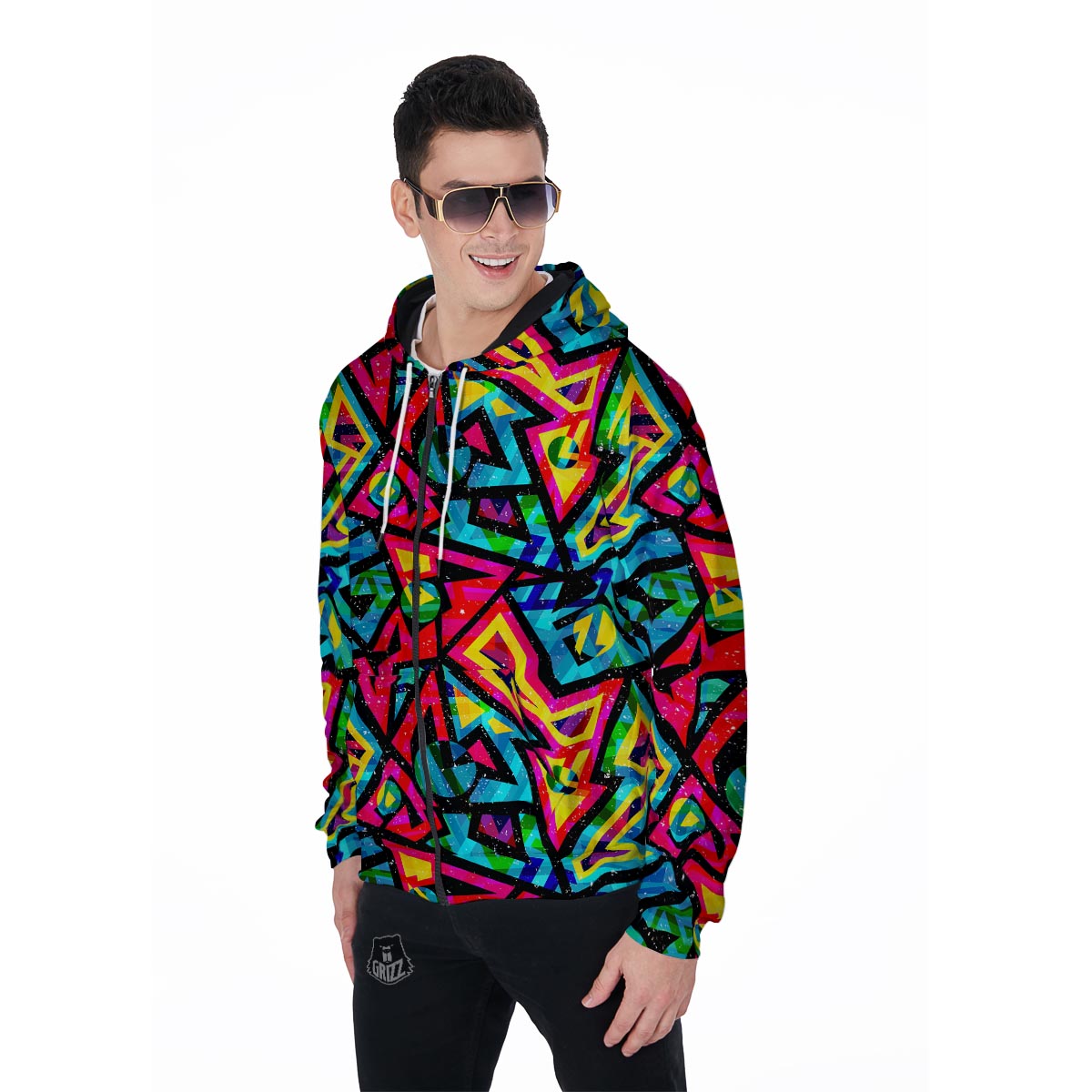 Psychedelic Geometric Print Men's Zip Up Hoodie-grizzshop