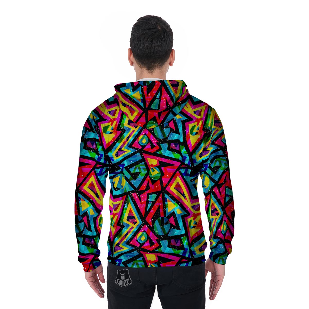 Psychedelic Geometric Print Men's Zip Up Hoodie-grizzshop