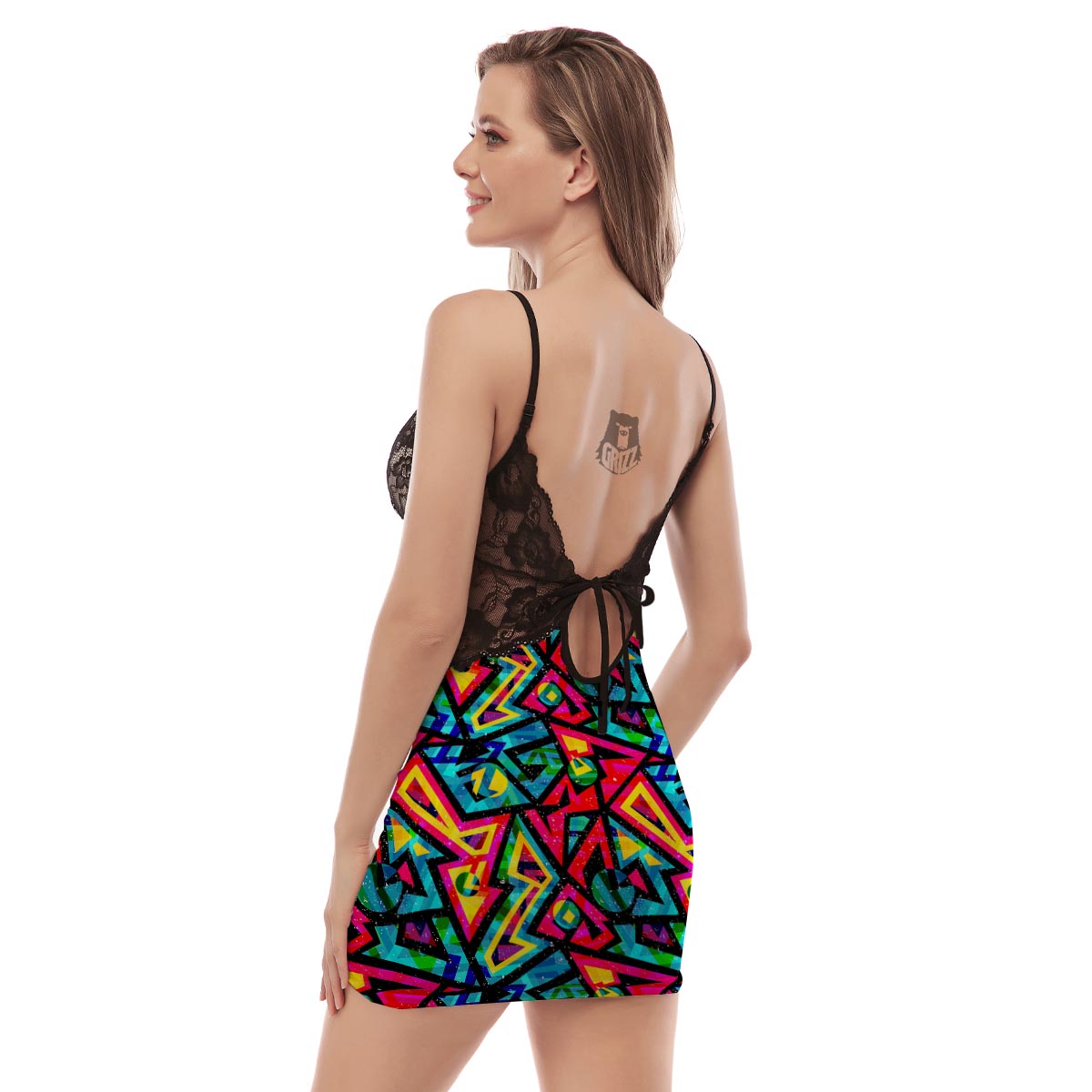 Psychedelic Geometric Print Women's Sexy Night Dress-grizzshop
