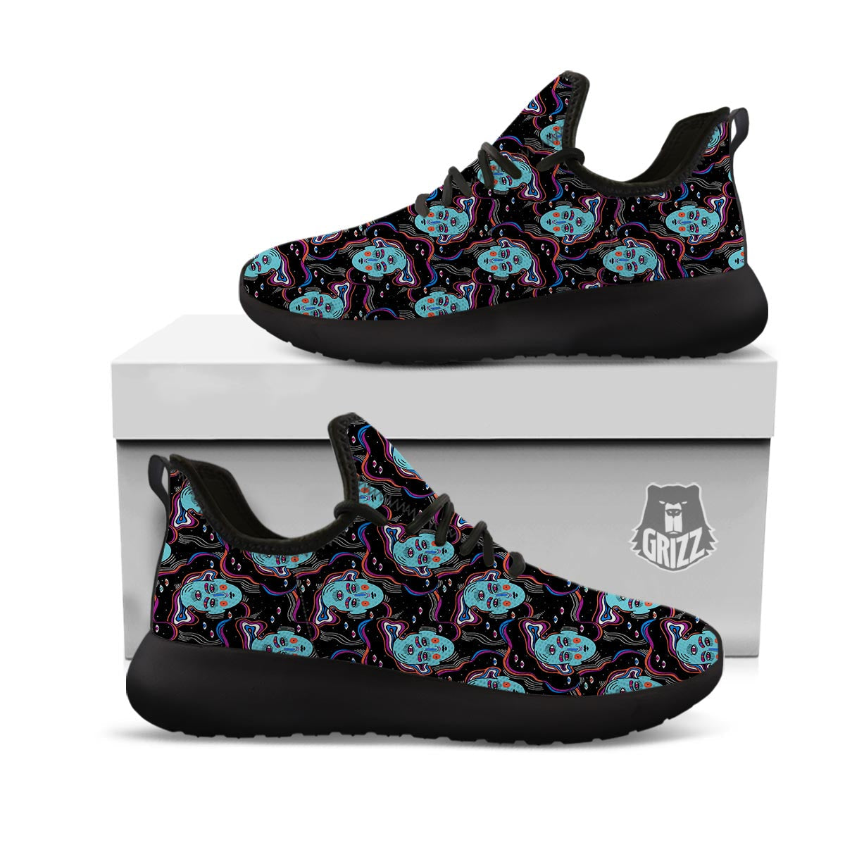 Psychedelic Hippie Retro Print Pattern Black Athletic Shoes-grizzshop