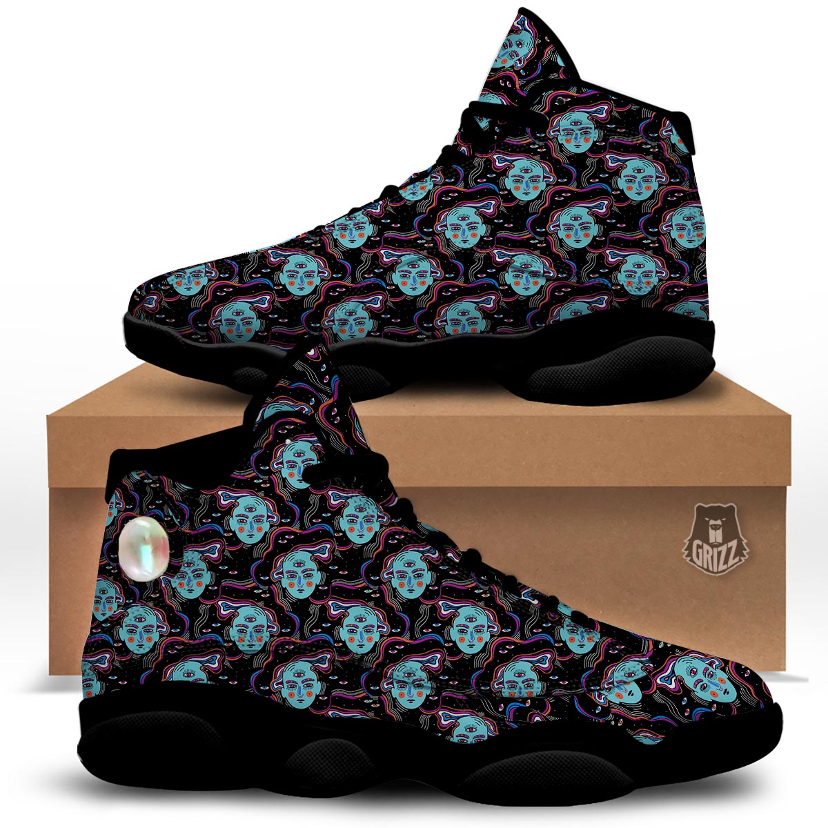 Psychedelic Hippie Retro Print Pattern Black Basketball Shoes-grizzshop