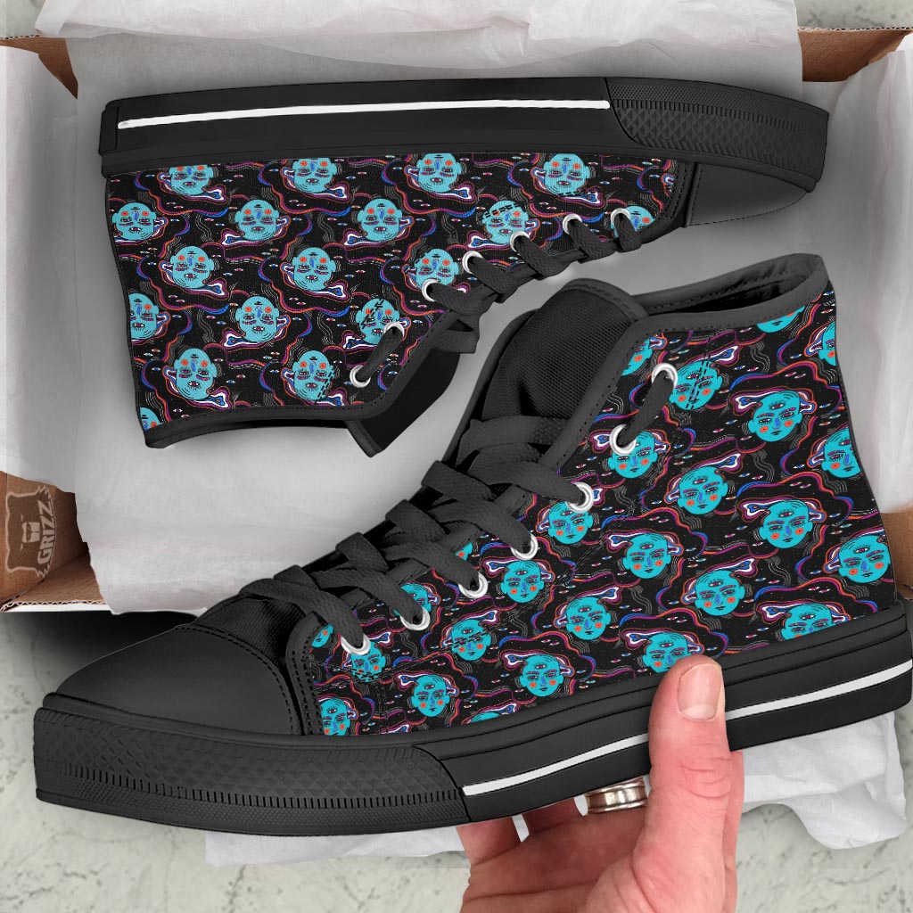 Psychedelic Hippie Retro Print Pattern Black High Top Shoes-grizzshop
