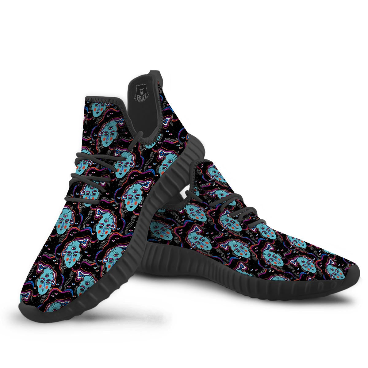 Psychedelic Hippie Retro Print Pattern Black Walking Shoes-grizzshop