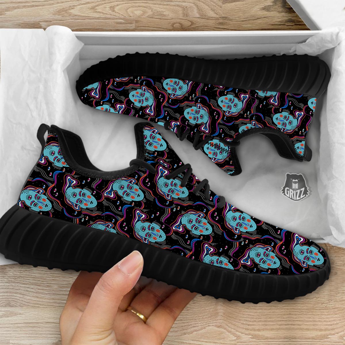 Psychedelic Hippie Retro Print Pattern Black Walking Shoes-grizzshop