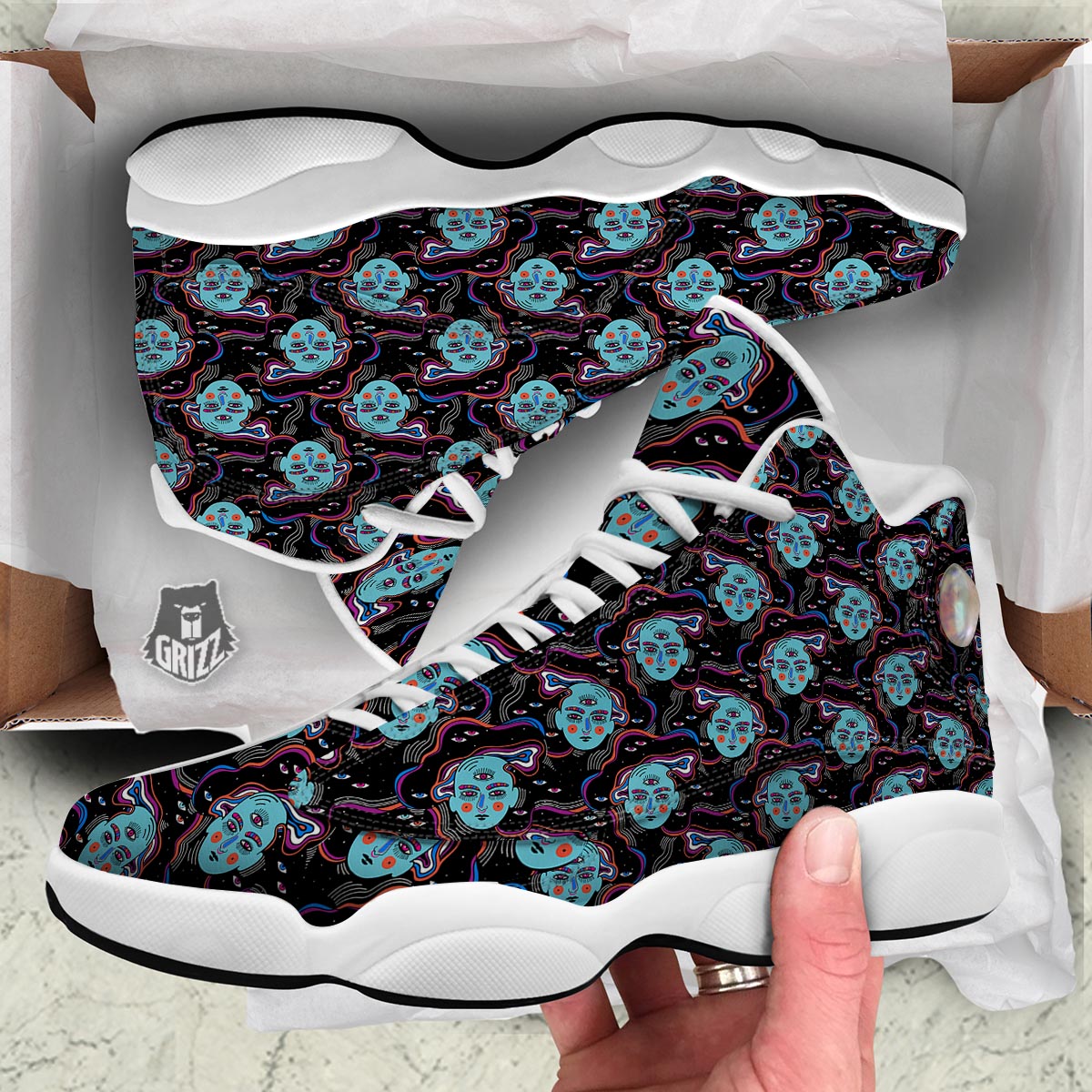 Psychedelic Hippie Retro Print Pattern White Basketball Shoes-grizzshop