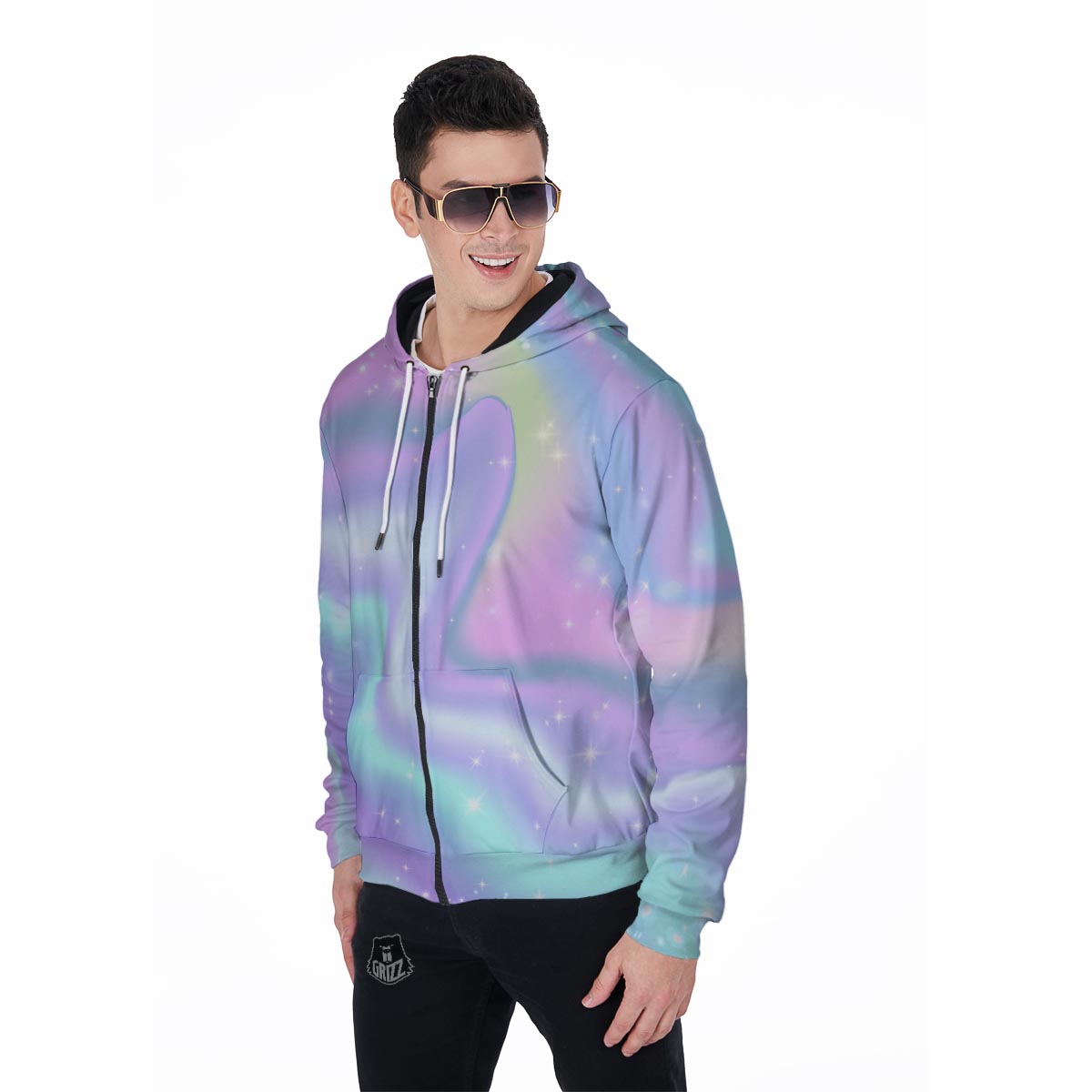 Psychedelic Holographic Men's Zip Up Hoodie-grizzshop