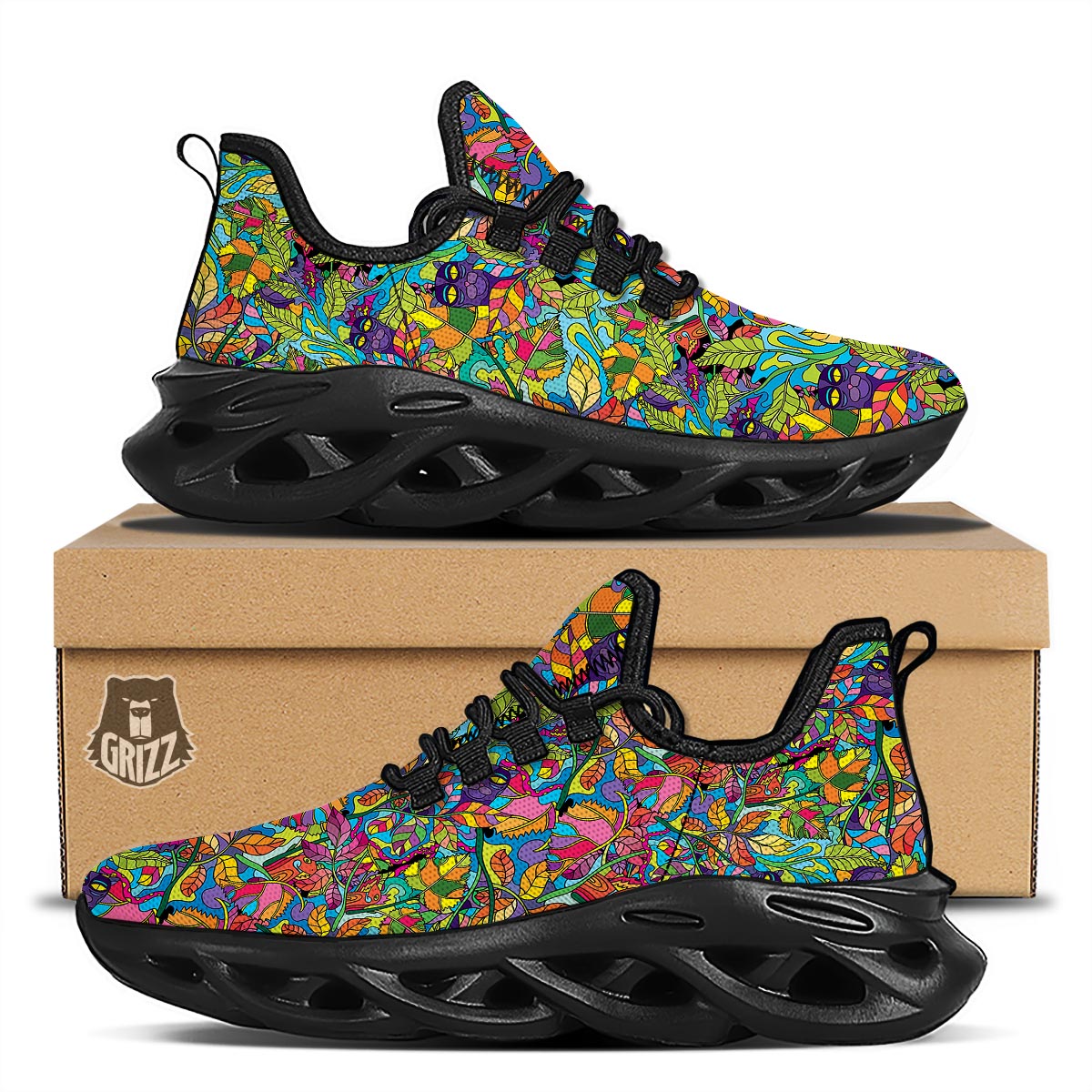 Psychedelic Jungle Forest Floral Black Running Shoes-grizzshop
