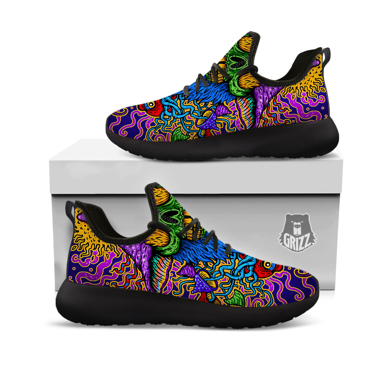Psychedelic Magic Mushroom Print Black Athletic Shoes-grizzshop