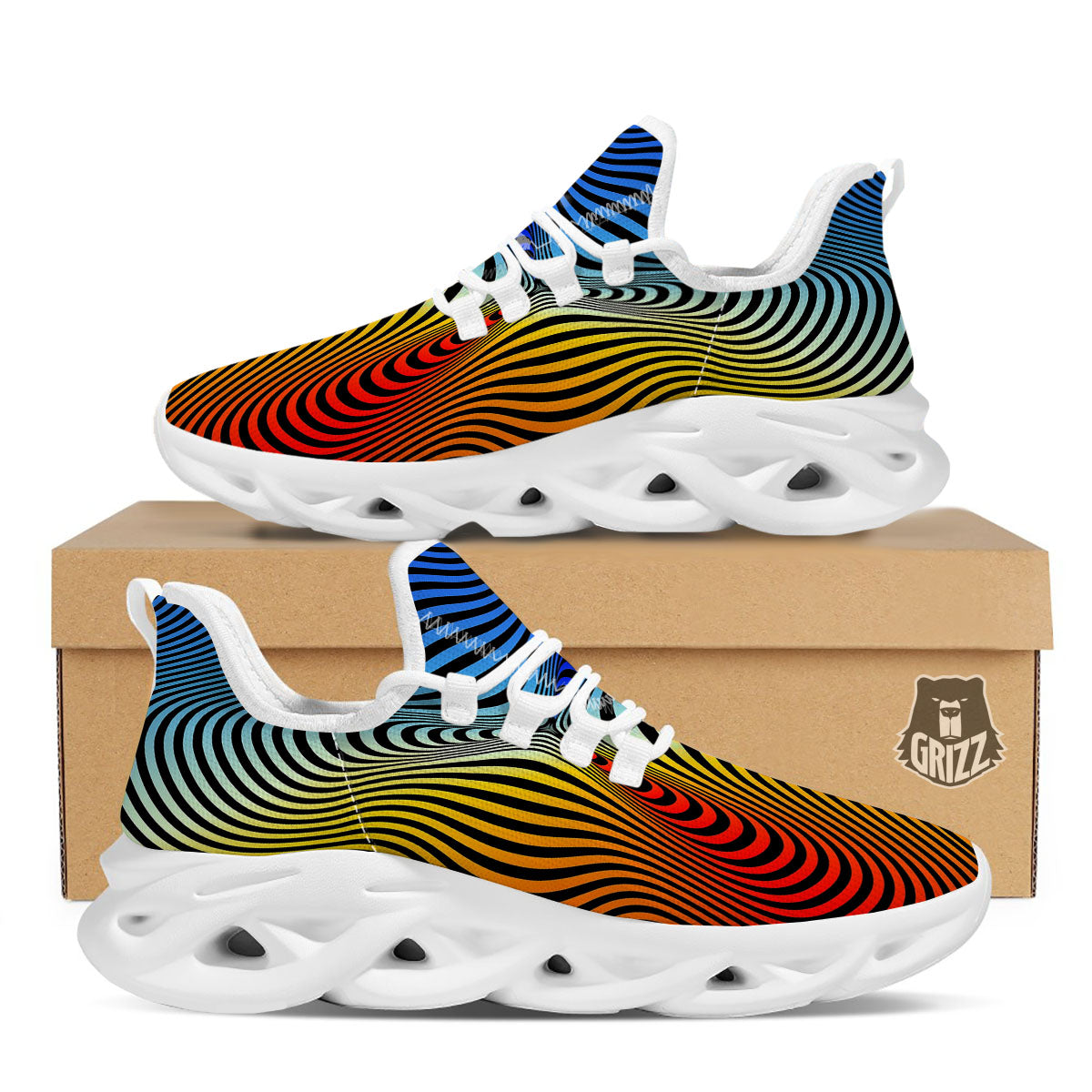 Psychedelic Optical Vibrant Illusion White Running Shoes-grizzshop
